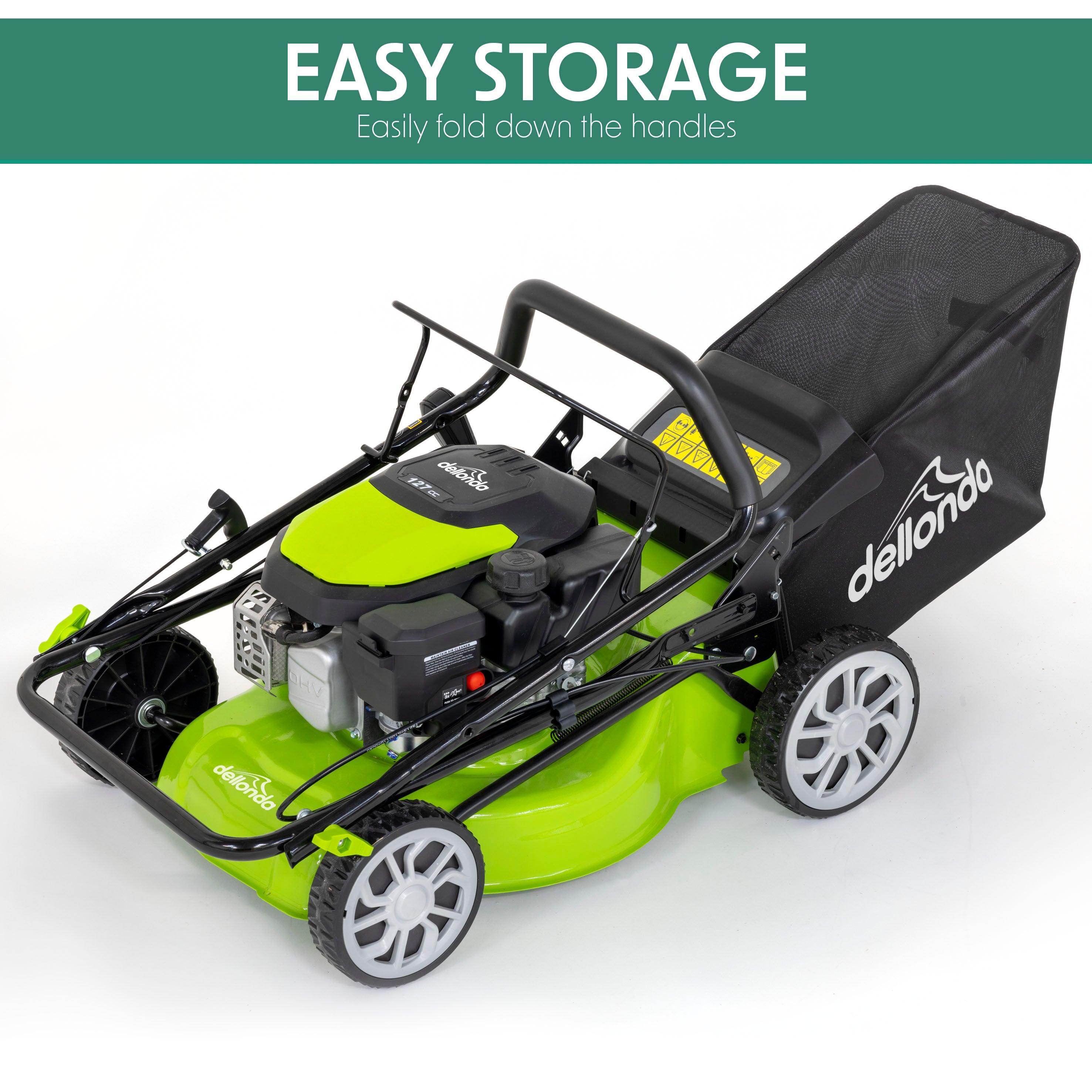 Dellonda DG100 Lawnmowers Action shot - easy - storage - infographic