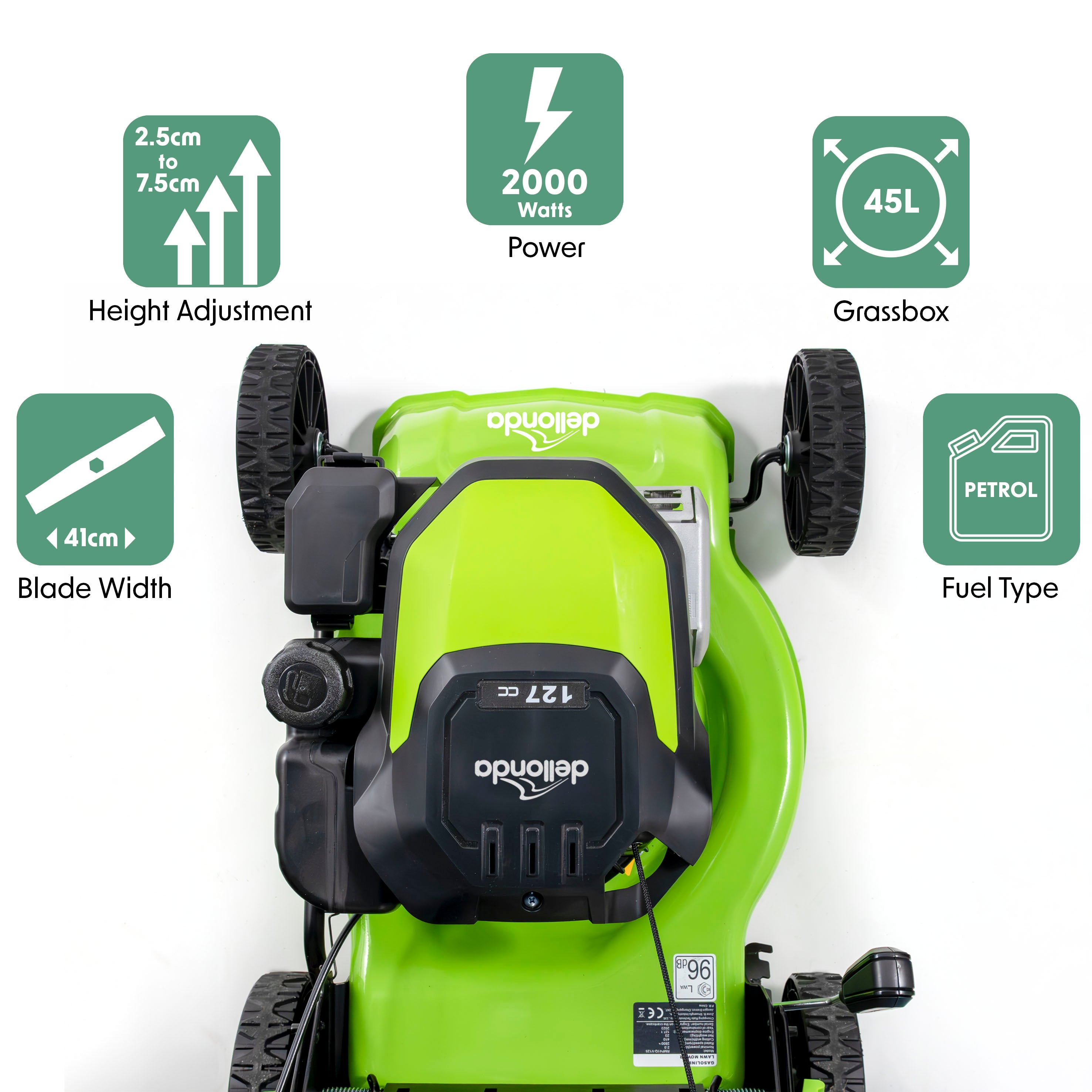 Dellonda DG100 Lawnmowers Action shot - features - infographic