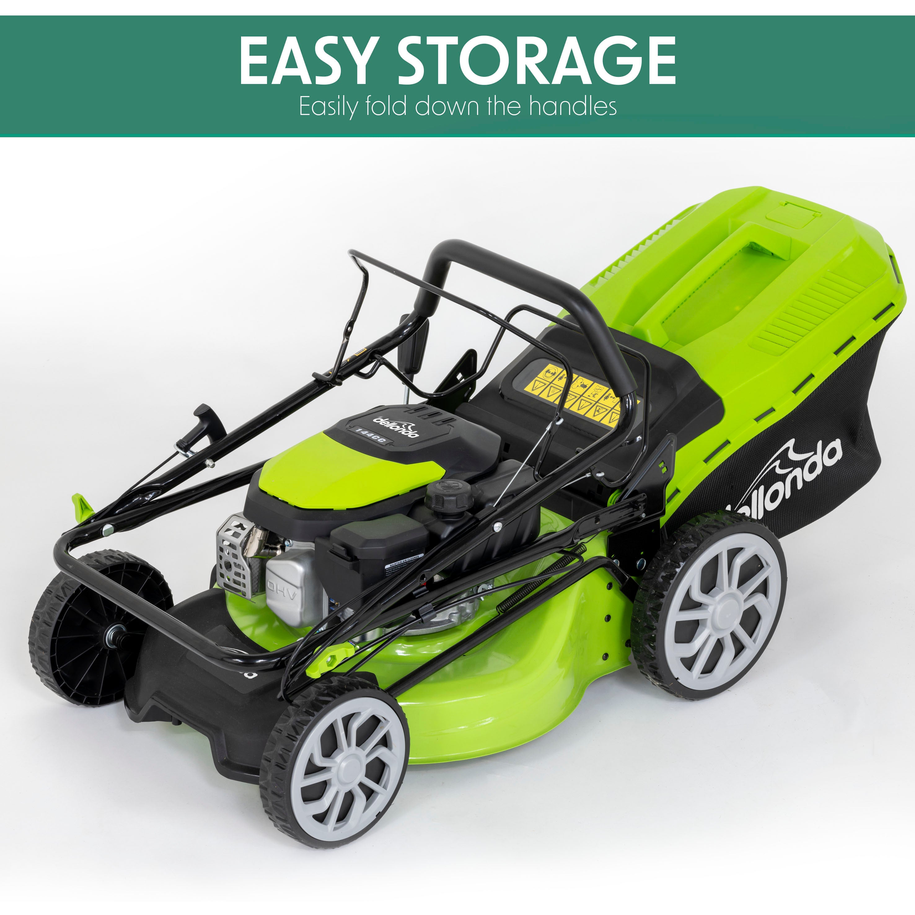 Dellonda DG101 Lawnmowers Action shot - easy - storage - infographic