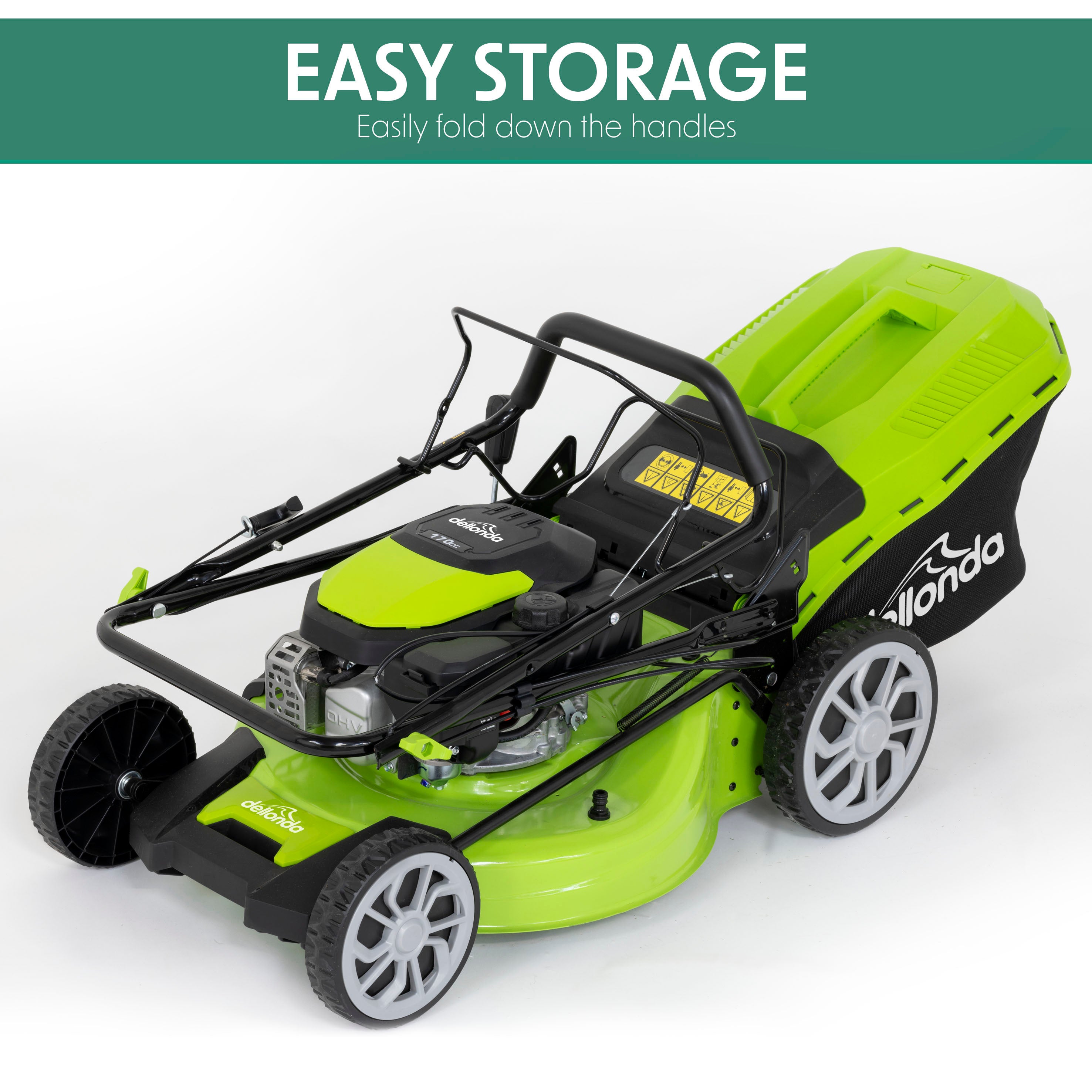 Dellonda DG102 Lawnmowers Action shot - easy - storage - infographic