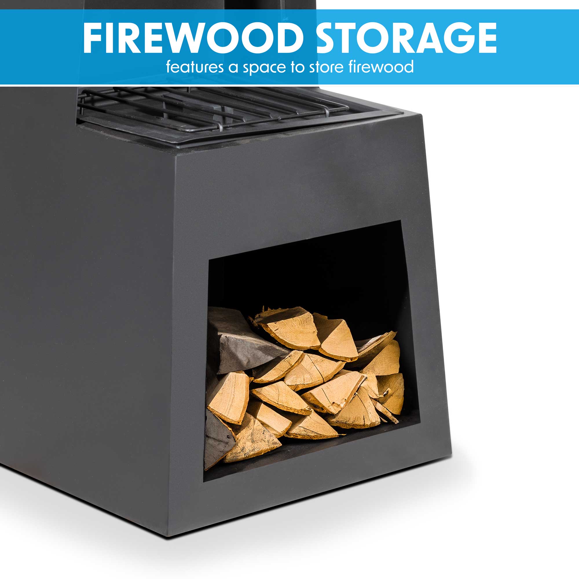 Dellonda DG107 Chimineas Action shot - firewood - storage - infographic