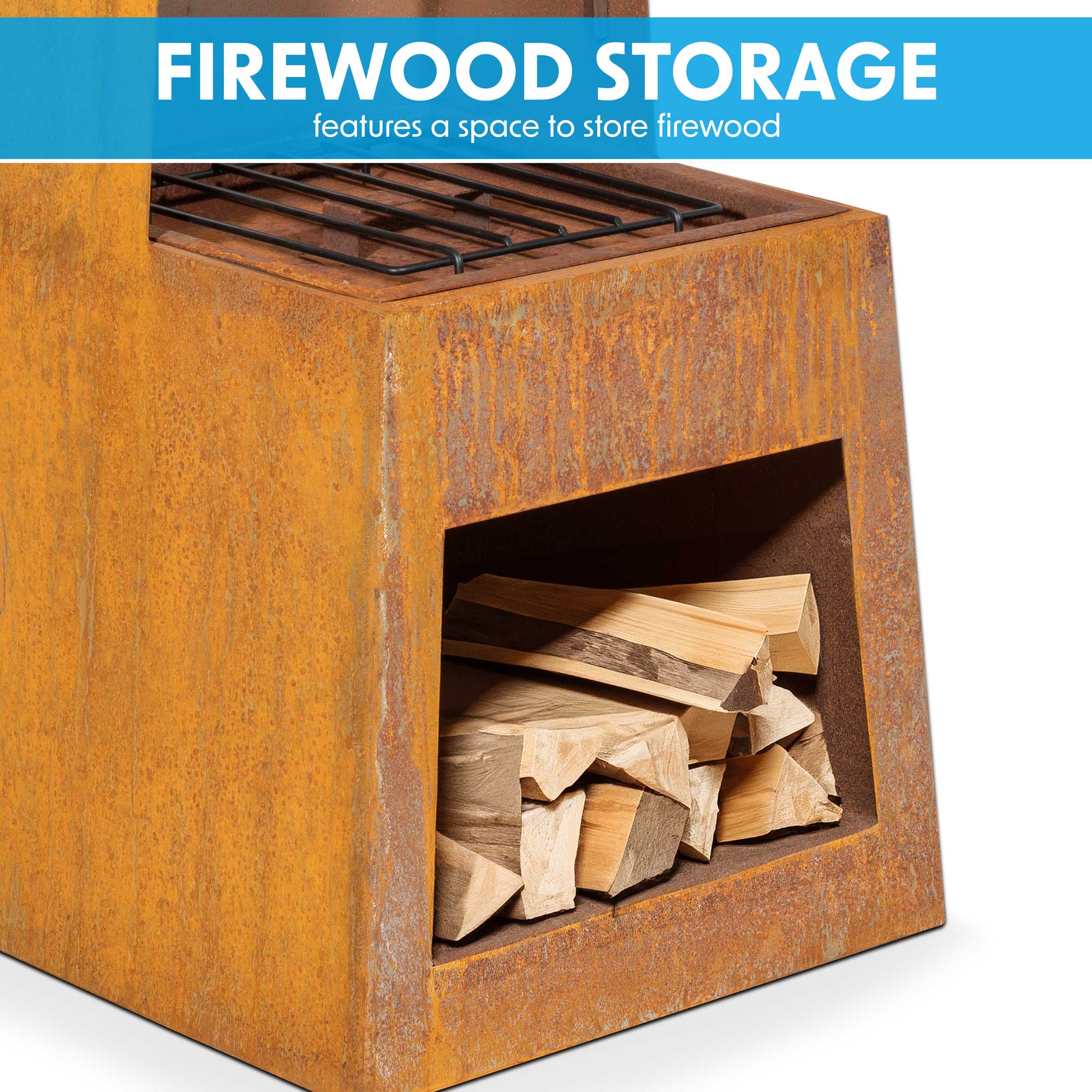 Dellonda DG108 Chimineas Action shot - firewood - storage - infographic
