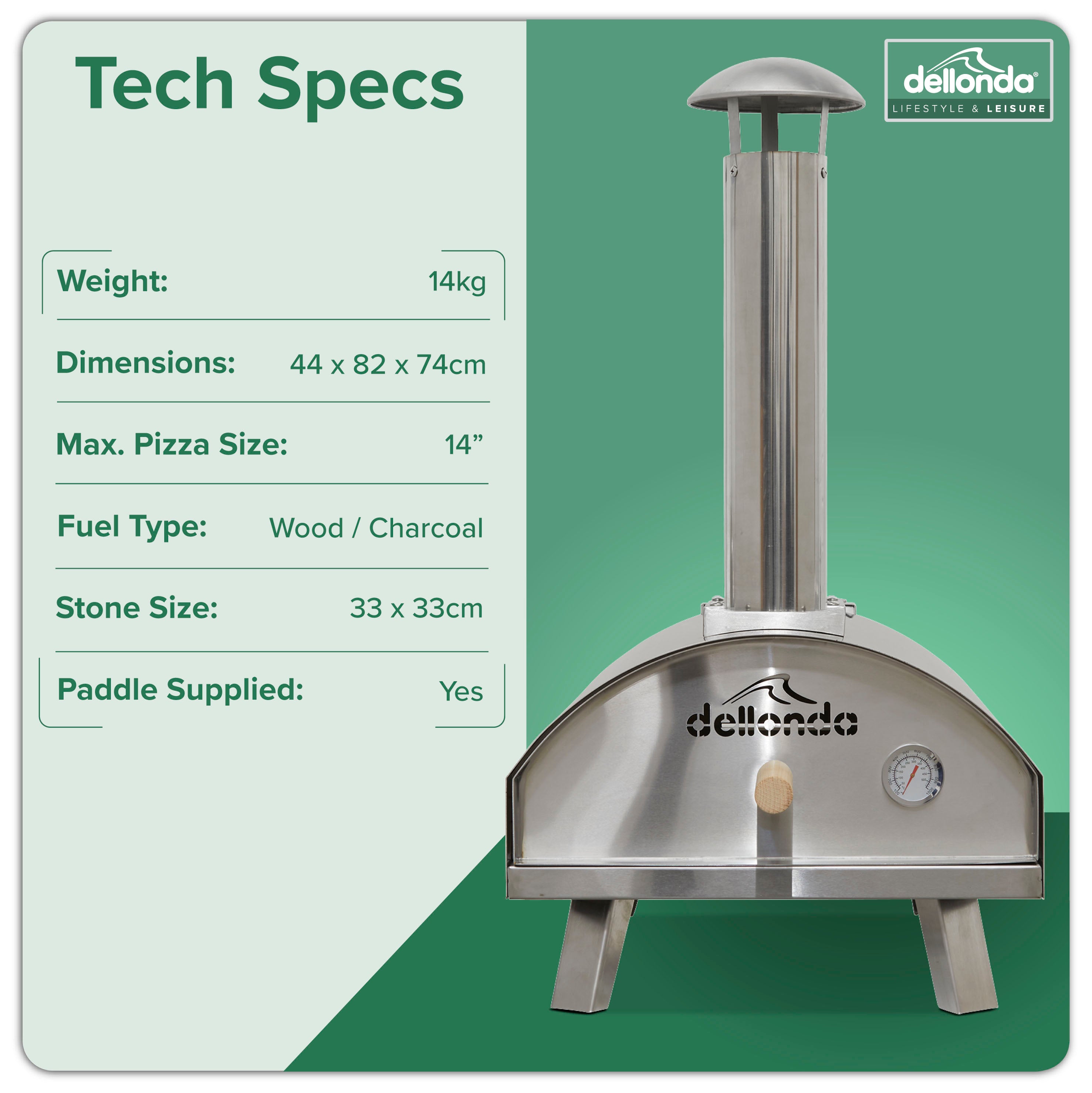 Dellonda DG11 Outdoor Pizza Ovens Action shot - infographic - tech - specs