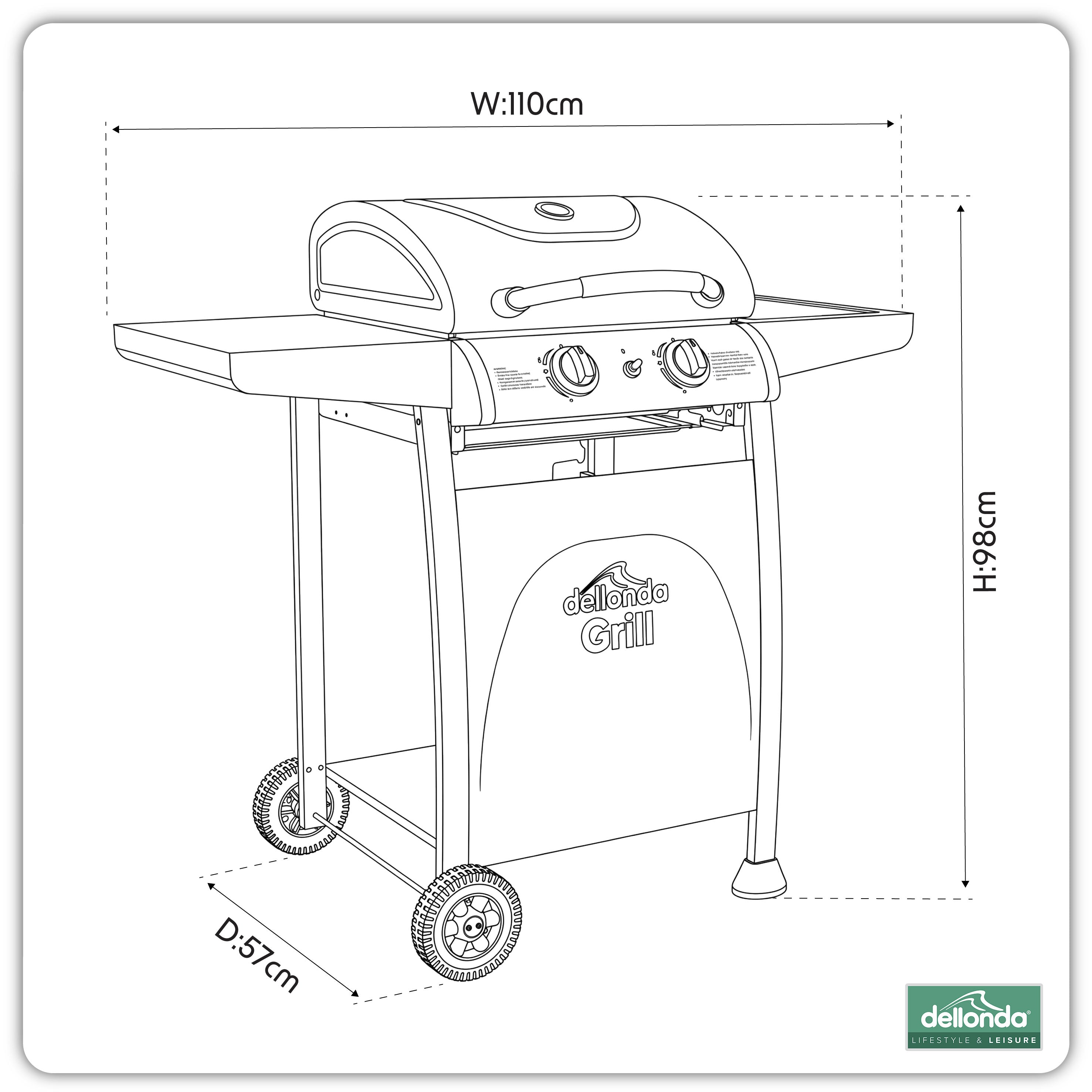 2 Burner Gas BBQ Grill with Piezo Ignition, Built-In Thermometer, Black/Stainless Steel - DG13