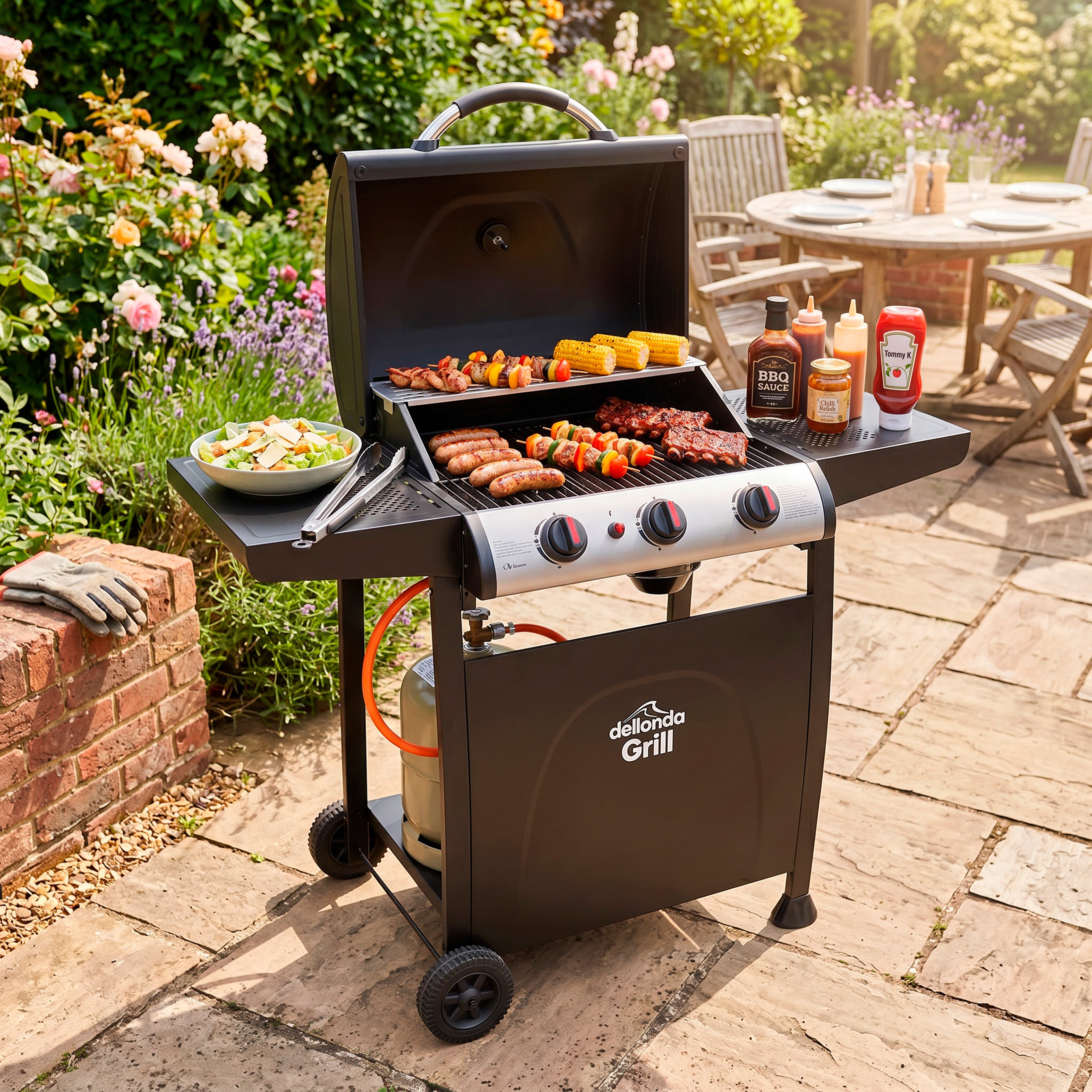 3 Burner Gas BBQ Grill with Piezo Ignition, Built-In Thermometer, Black/Stainless Steel - DG14