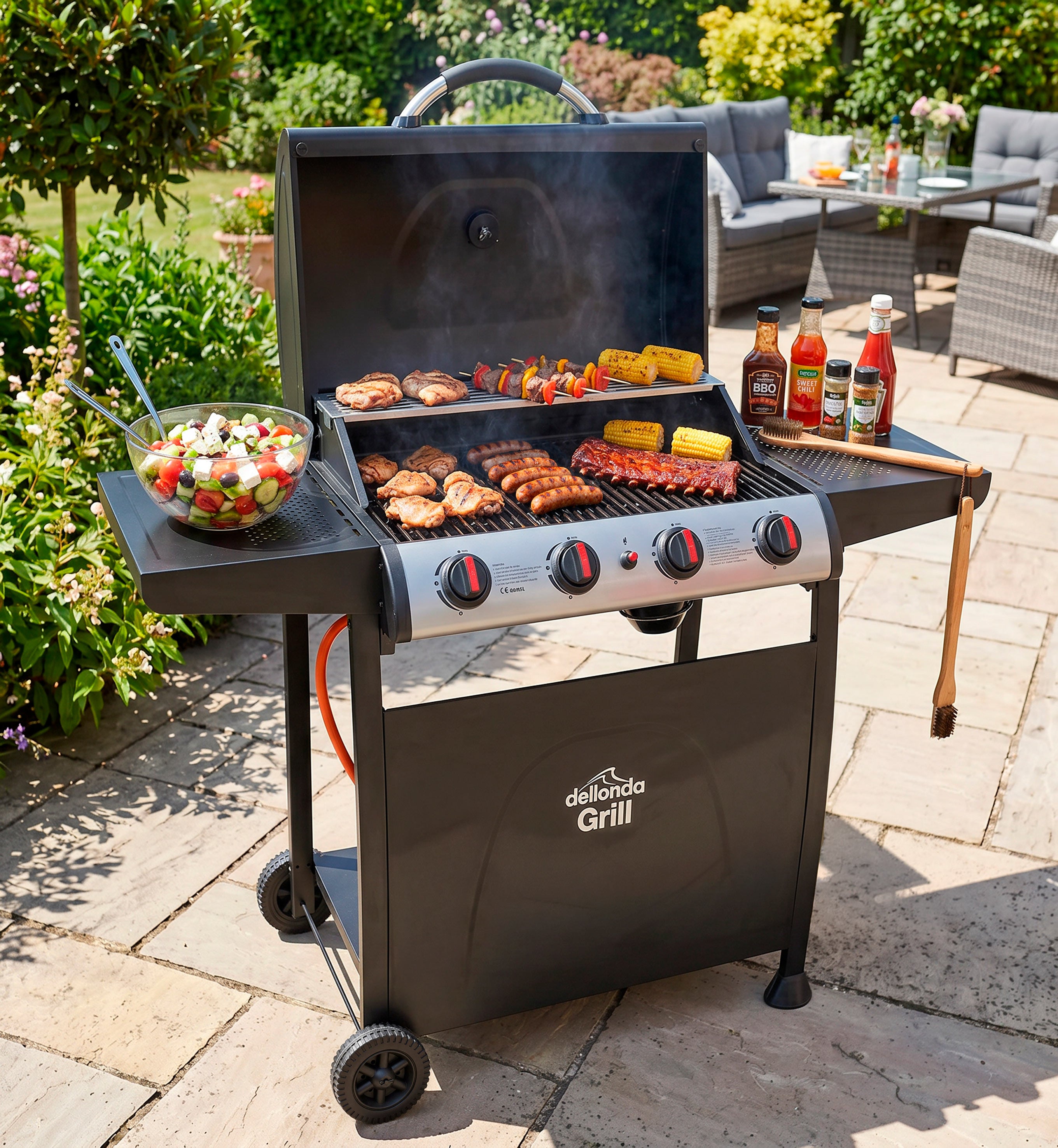 4 Burner Gas BBQ Grill with Piezo Ignition, Built-In Thermometer, Black/Stainless Steel - DG15