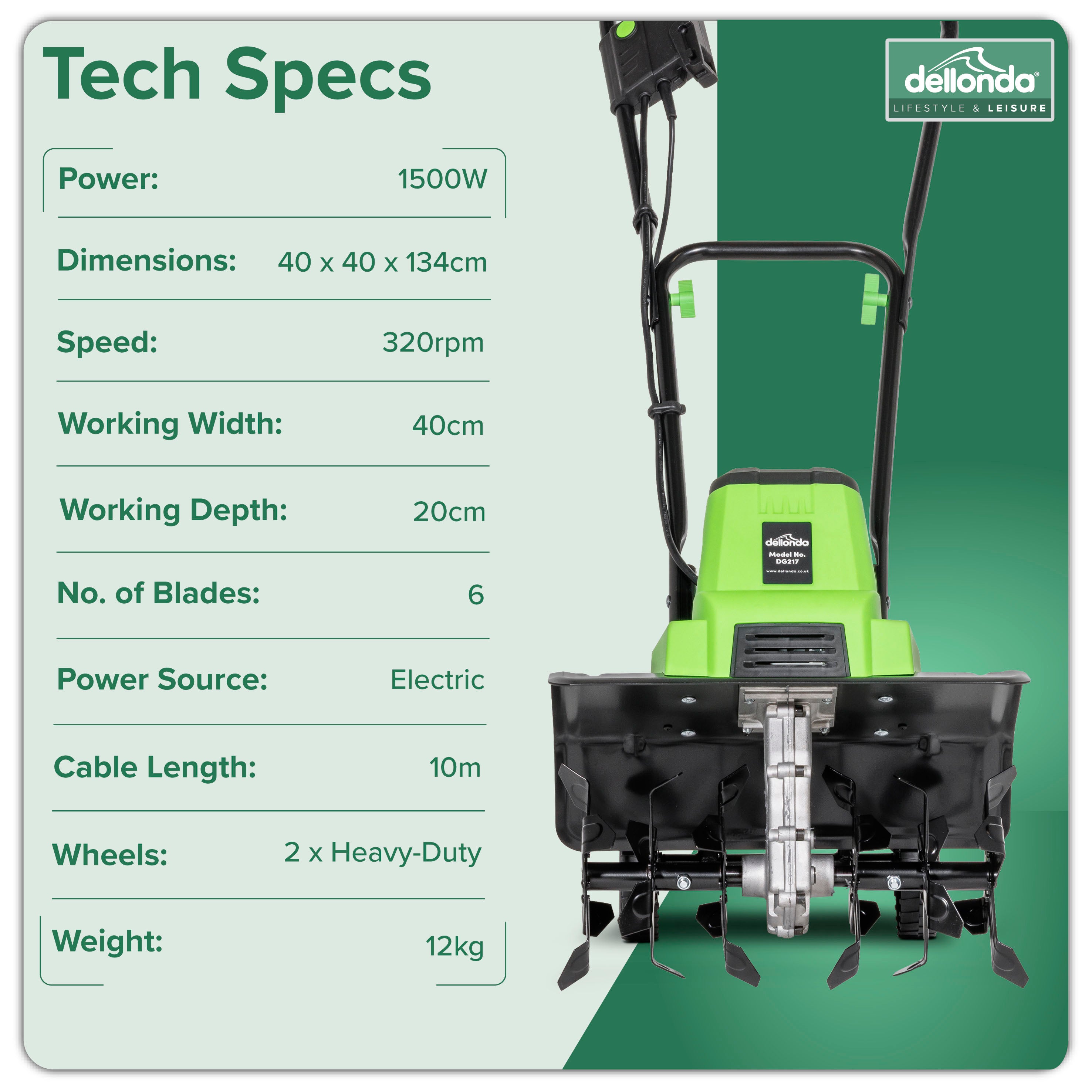 Dellonda DG217 Tillers Action shot - infographic - tech - specs