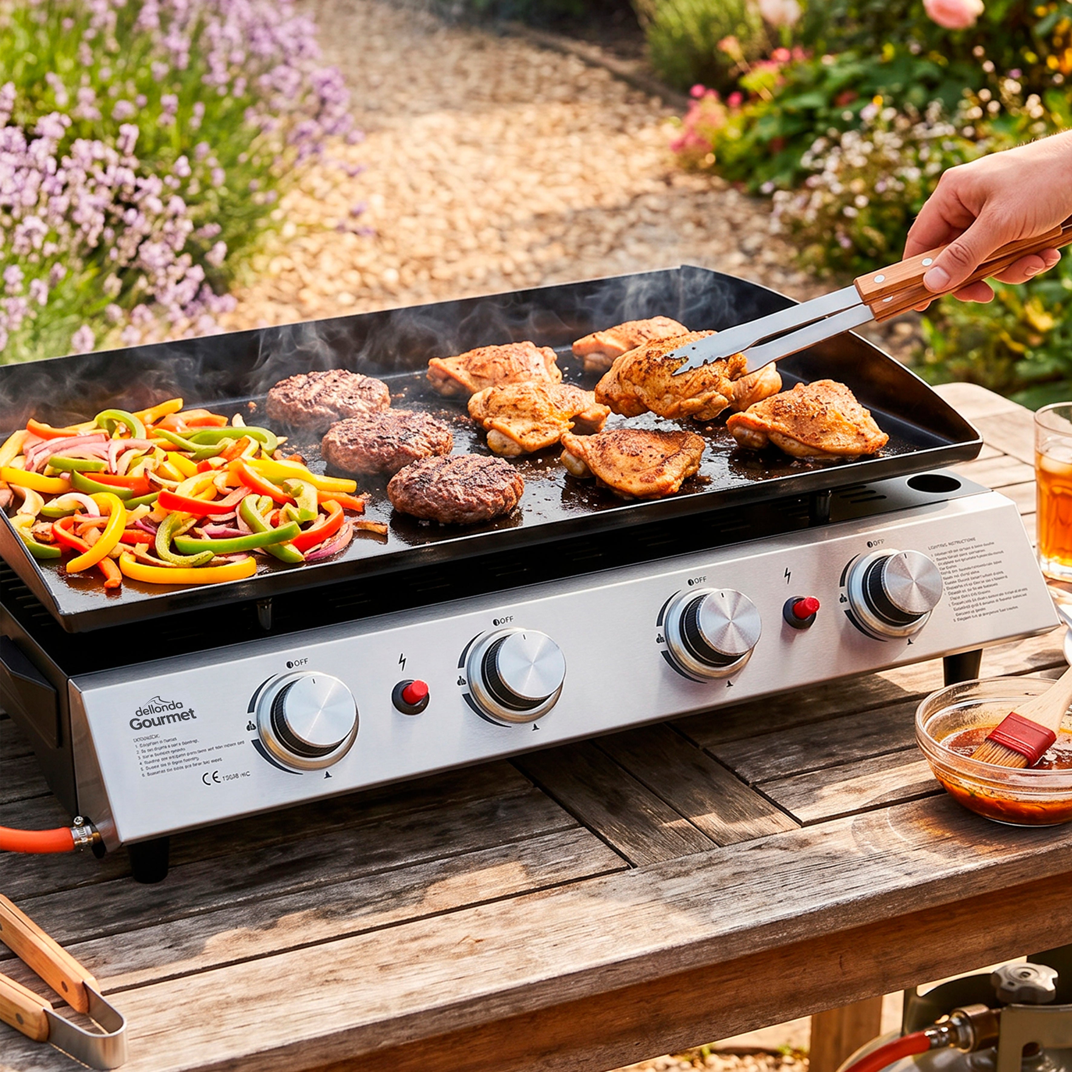4 Burner Portable Gas Plancha 10kW BBQ Griddle with Cover, Stainless Steel - DG234