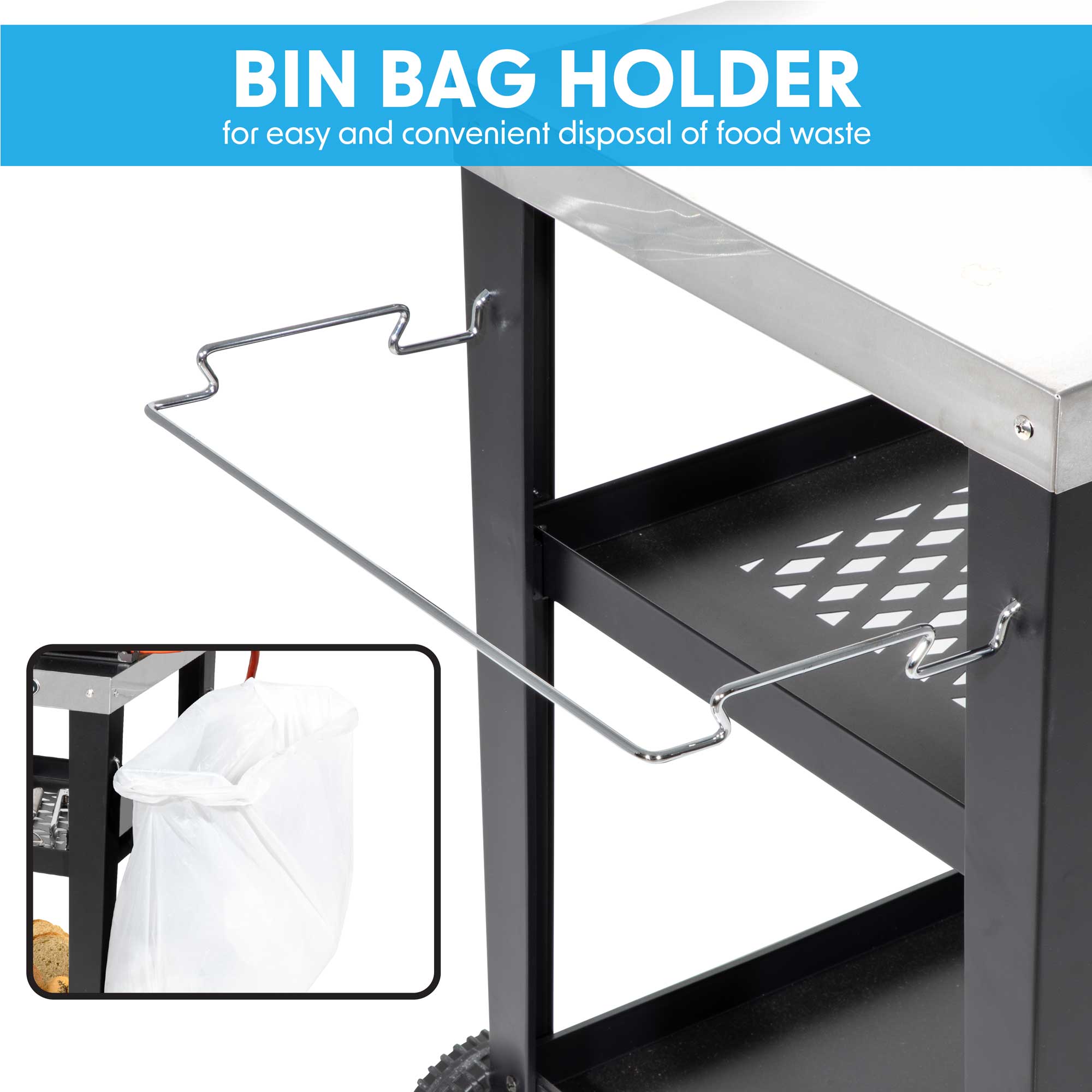 Dellonda DG263 Barbecue Trolley Action shot - bin - bag - holder