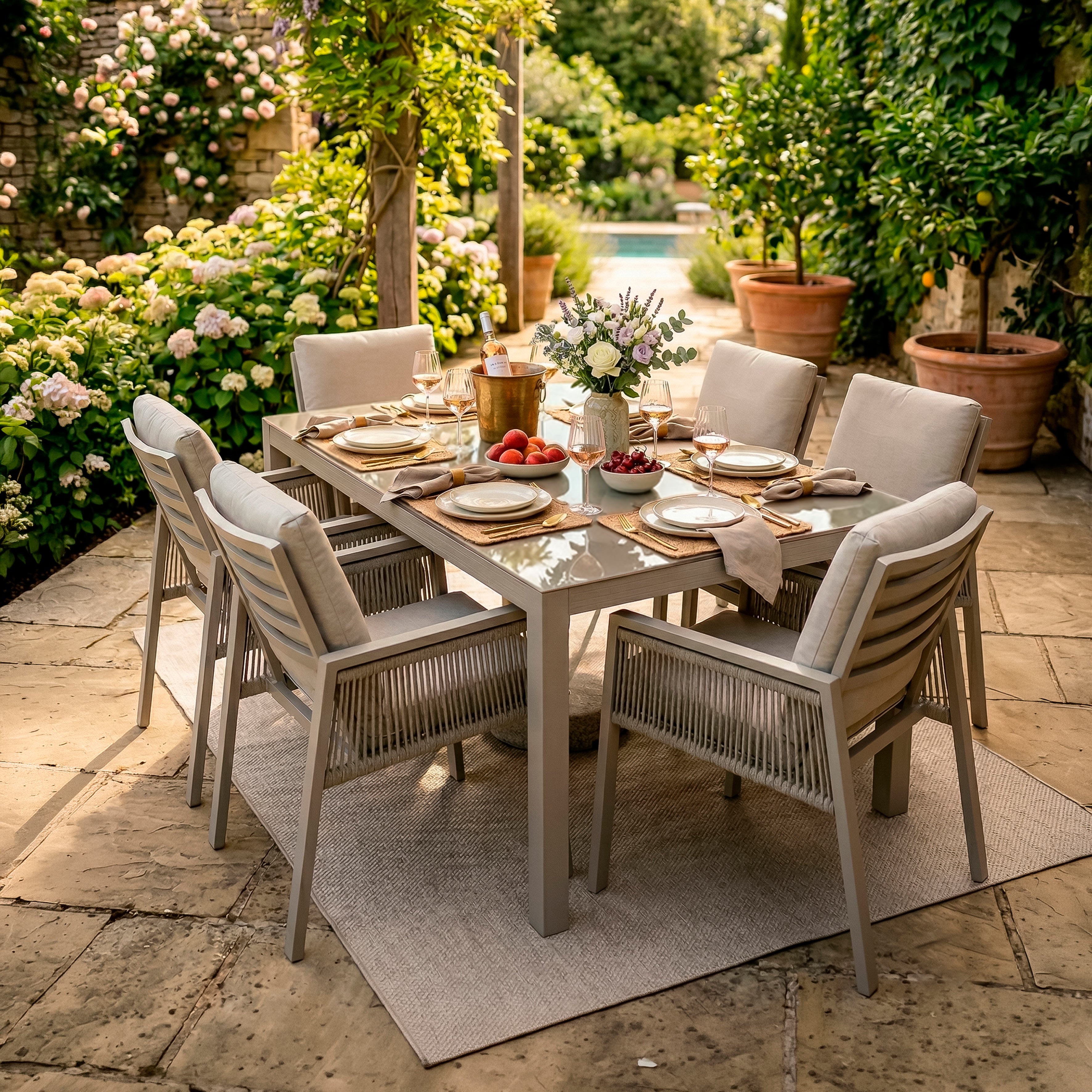 Fusion 7 Piece Outdoor Dining Set with Weatherproof Aluminium Frame, Light Grey - DG274
