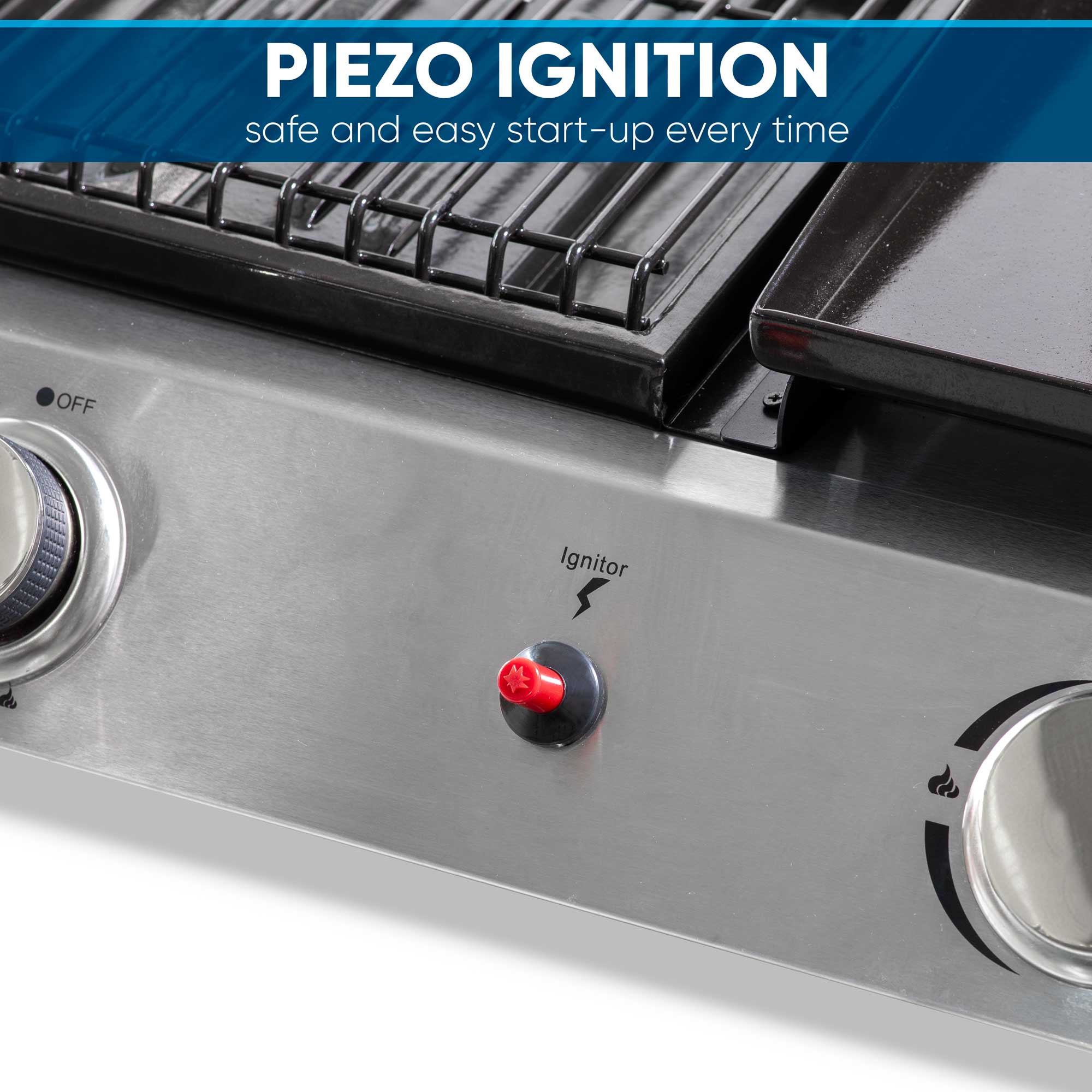 Dellonda DG276 Plancha Grills Action shot - piezo - ignition - infographic