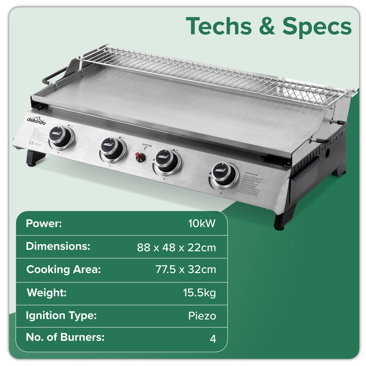 4 Burner Portable Gas Plancha with Warming Rack 10kW & Heavy Duty Cover - DG311