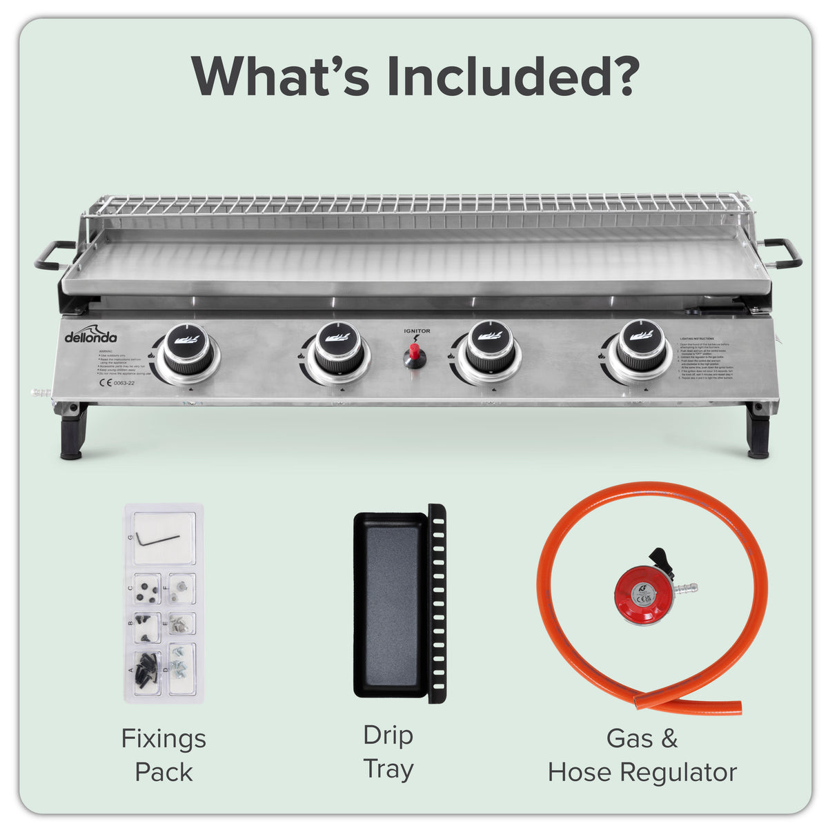 4 Burner Portable Gas Plancha with Warming Rack 10kW & Heavy Duty Cover - DG311