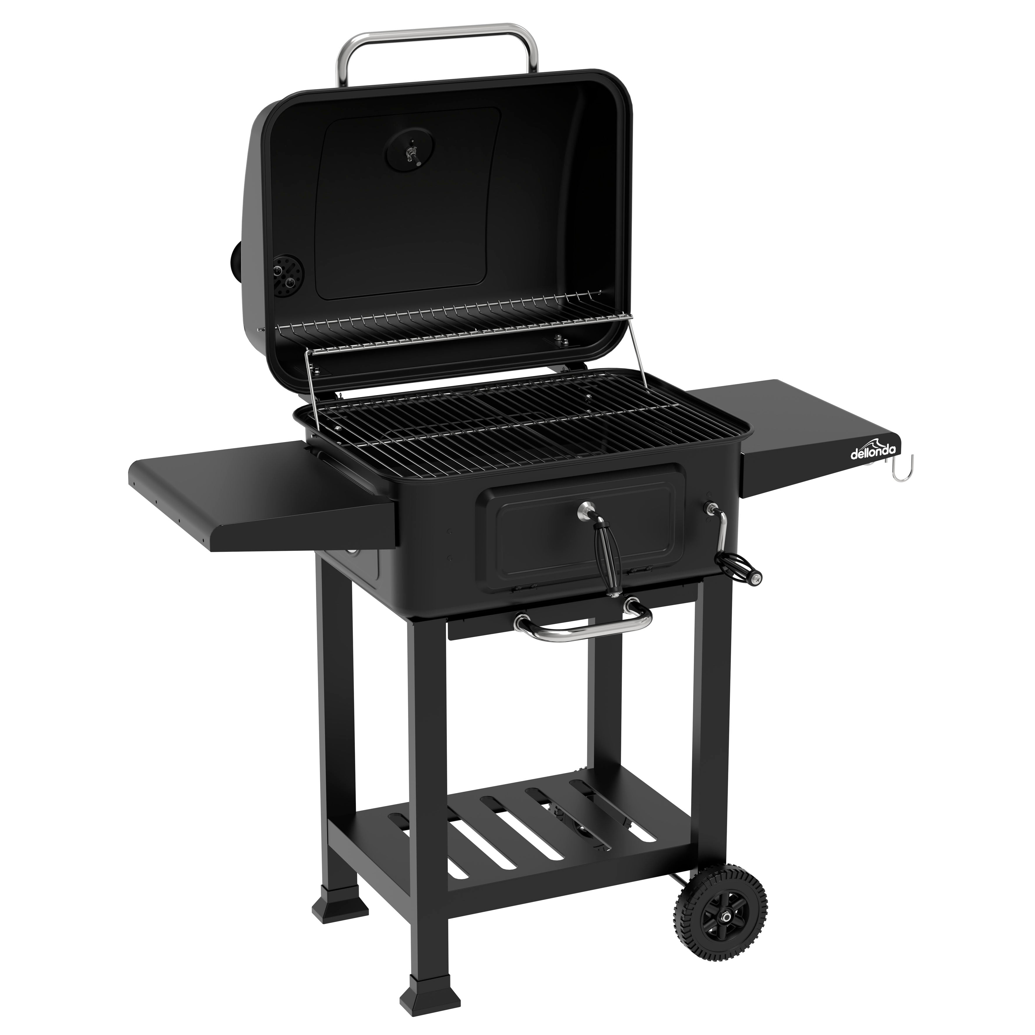 Charcoal Grill BBQ Smoker and Trolley with 2 Side Shelves, Black - DG283