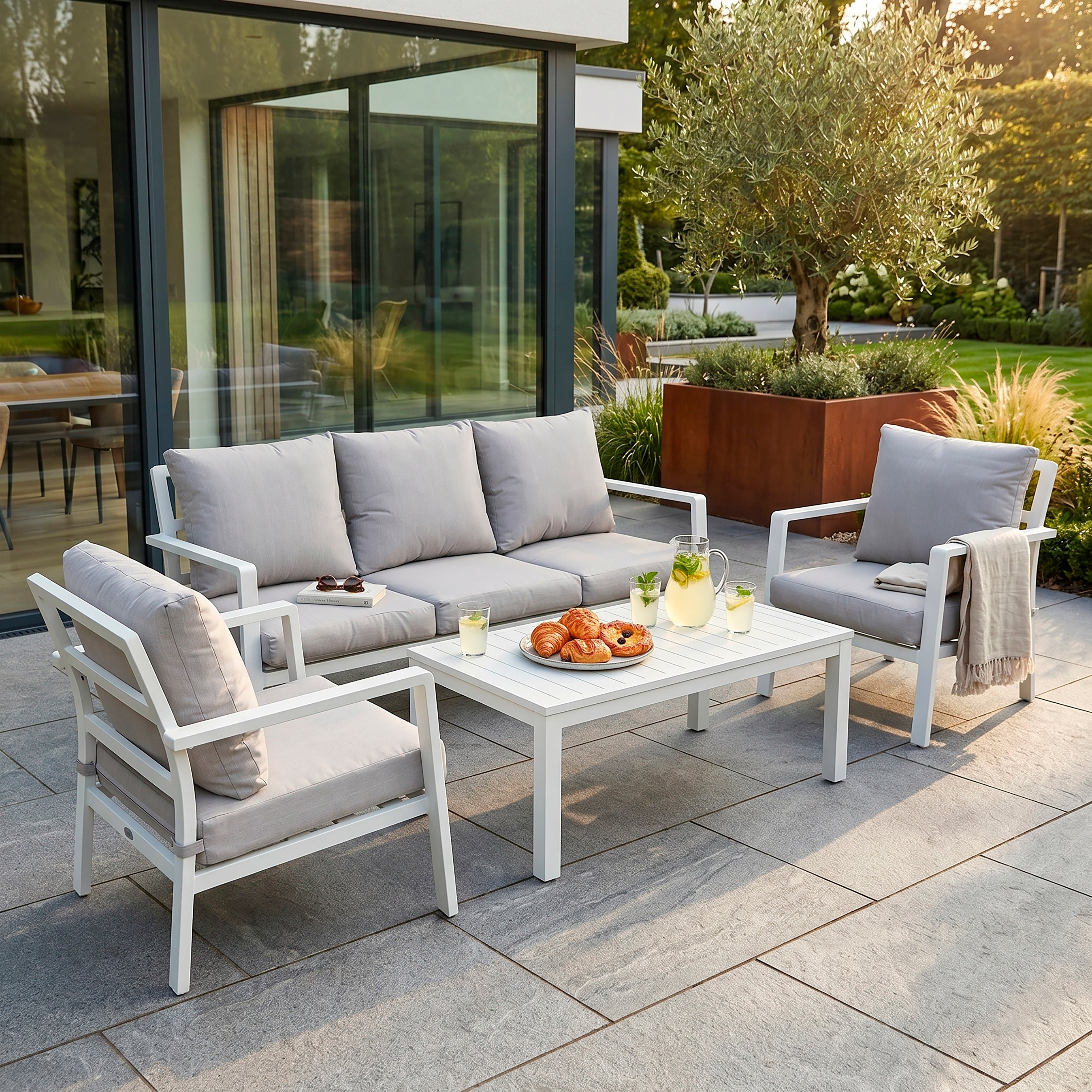 Kyoto 4 Piece Aluminium Outdoor Sofa & Coffee Table Set, White - DG52