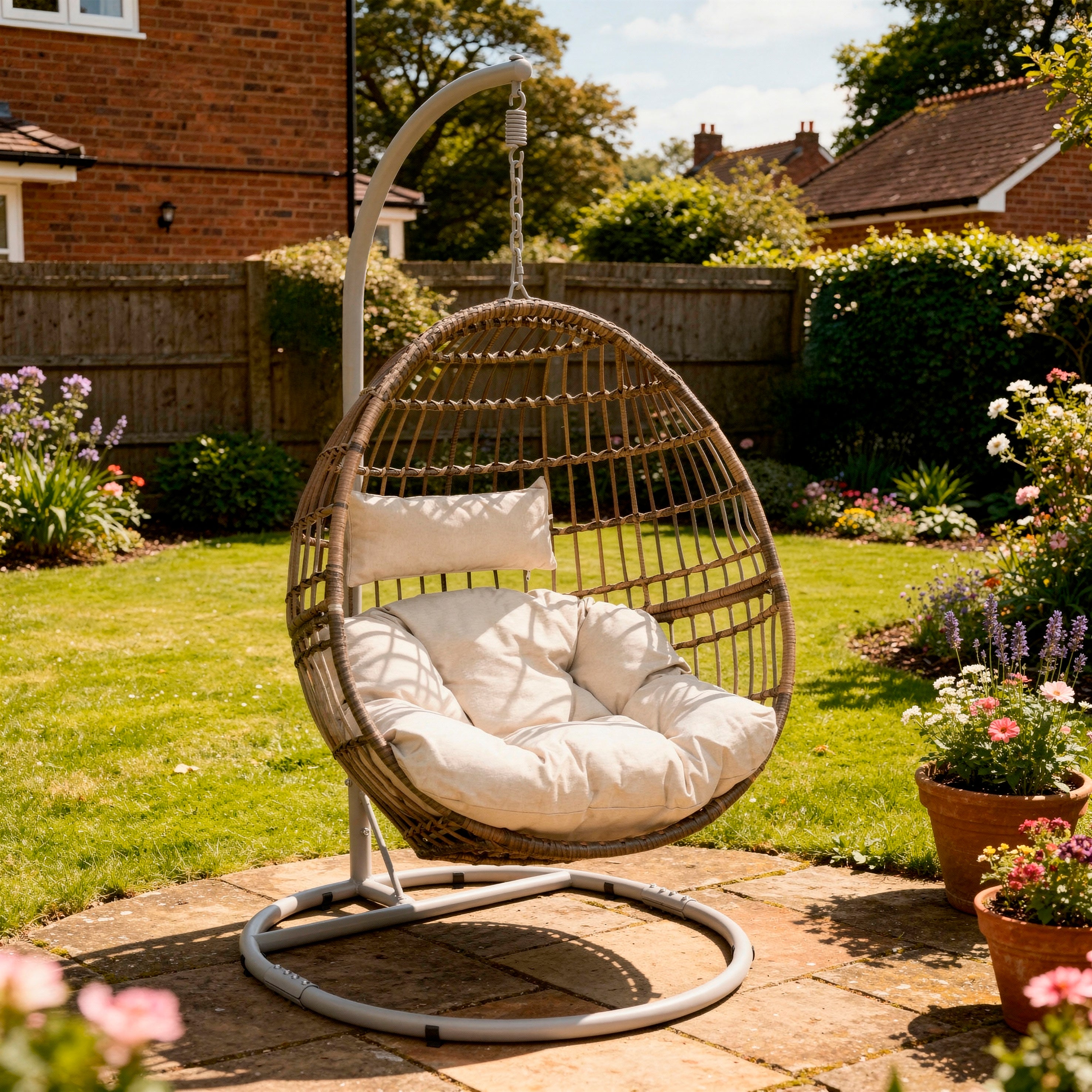 Egg Hanging Single Swing Chair, Wicker Rattan Basket & Steel Frame - DG60