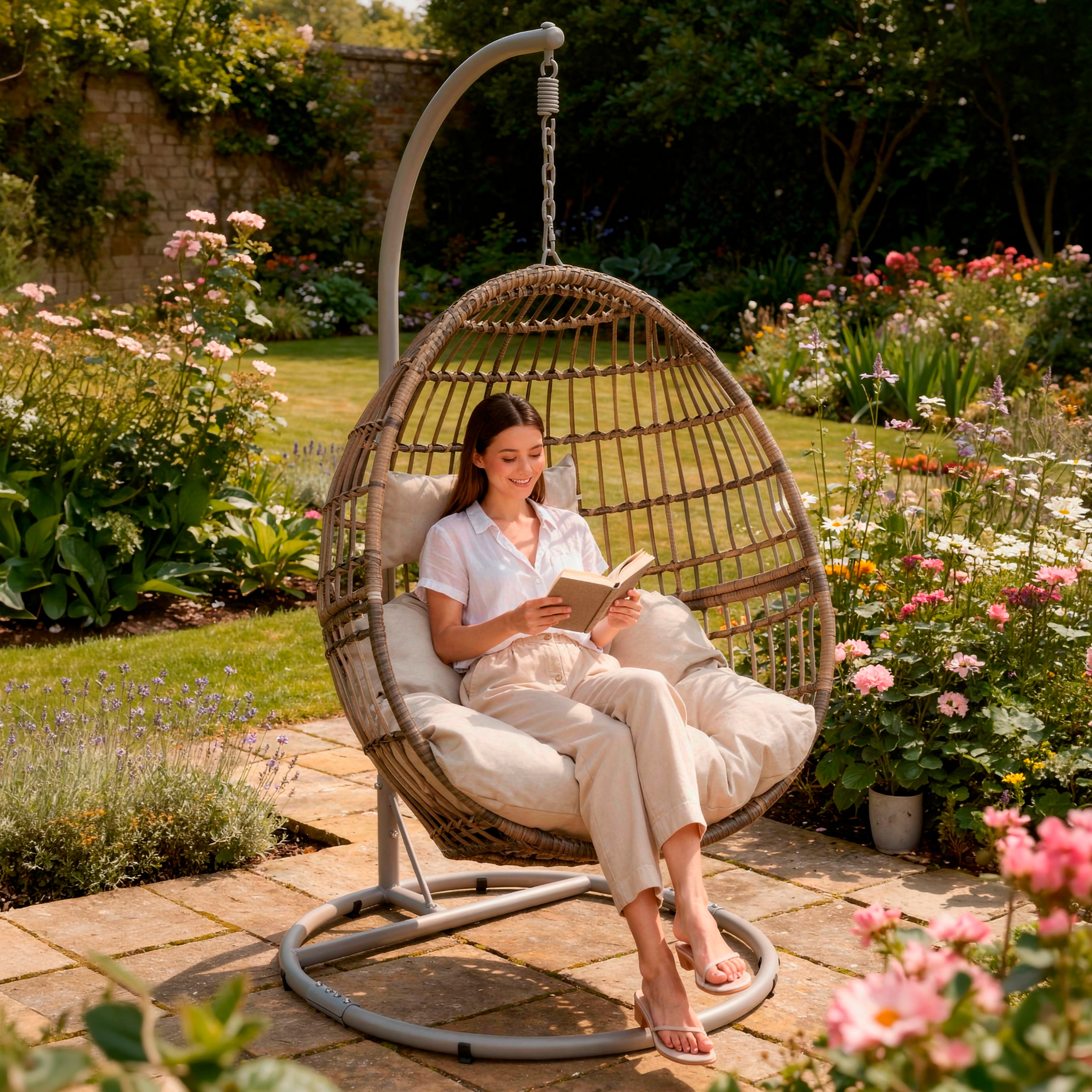 Egg Hanging Single Swing Chair, Wicker Rattan Basket & Steel Frame - DG60