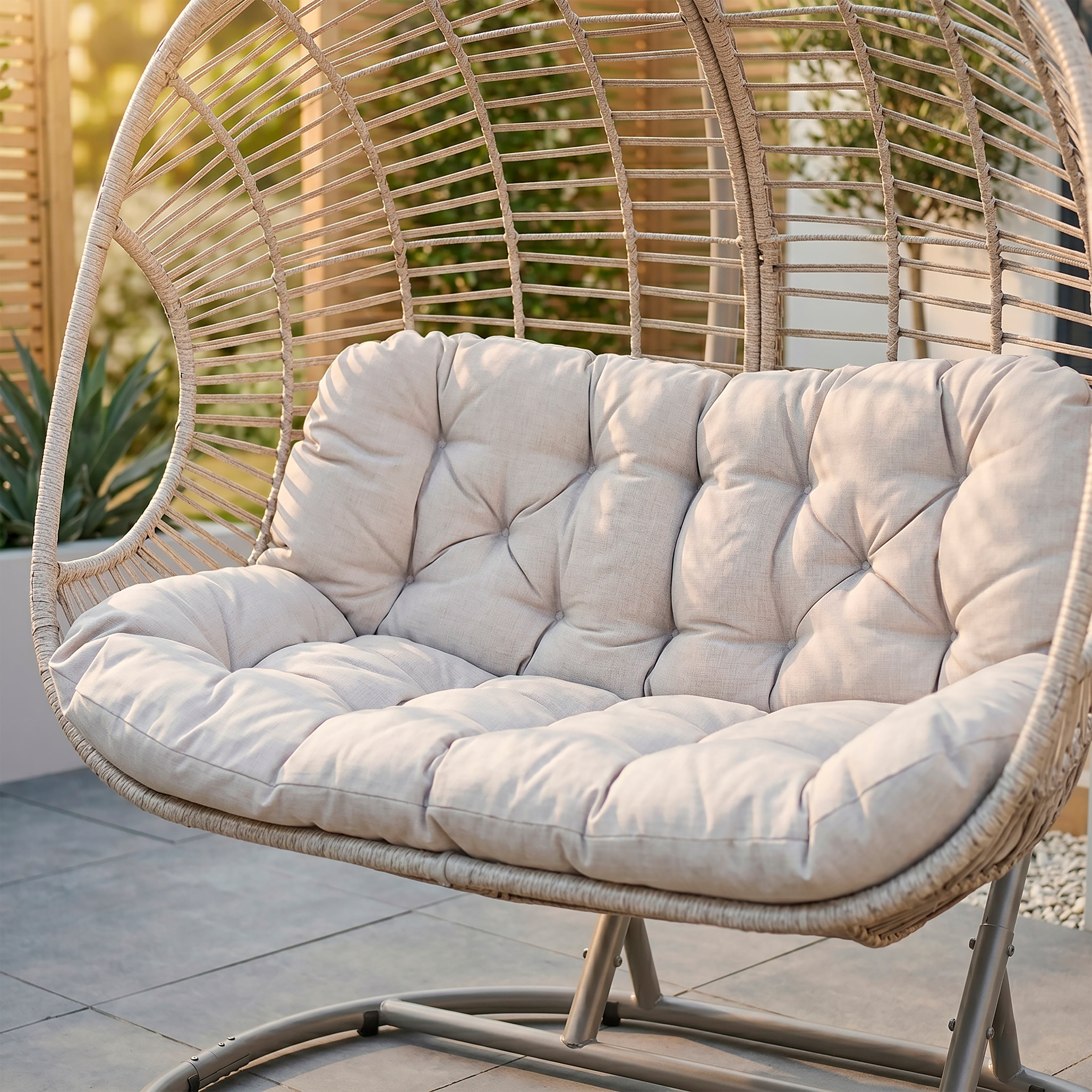 Egg Hanging Double Swing Chair, Wicker Rattan Basket & Steel Frame - DG61
