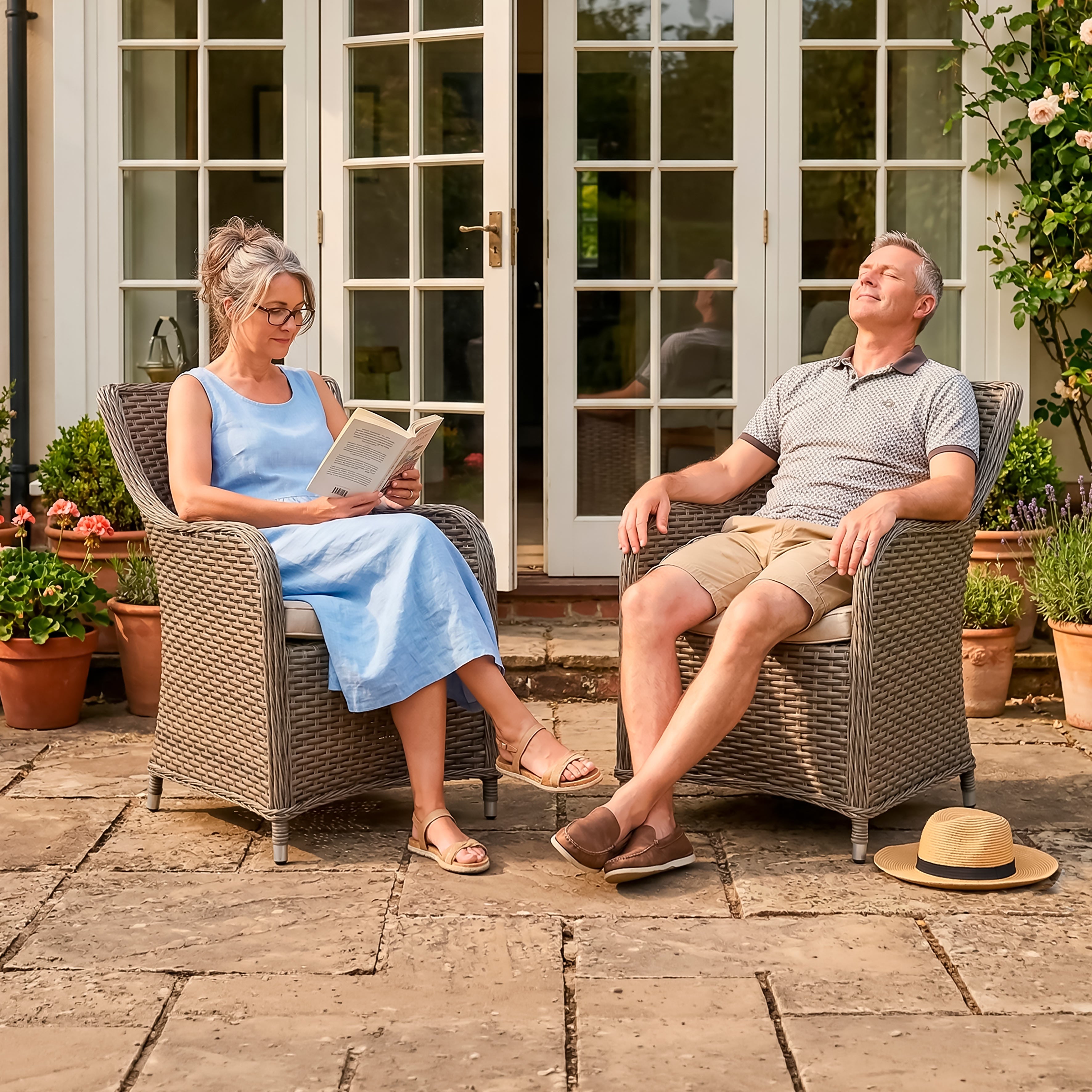 Chester Rattan Wicker Garden Dining Chairs with Cushions, Brown - DG64