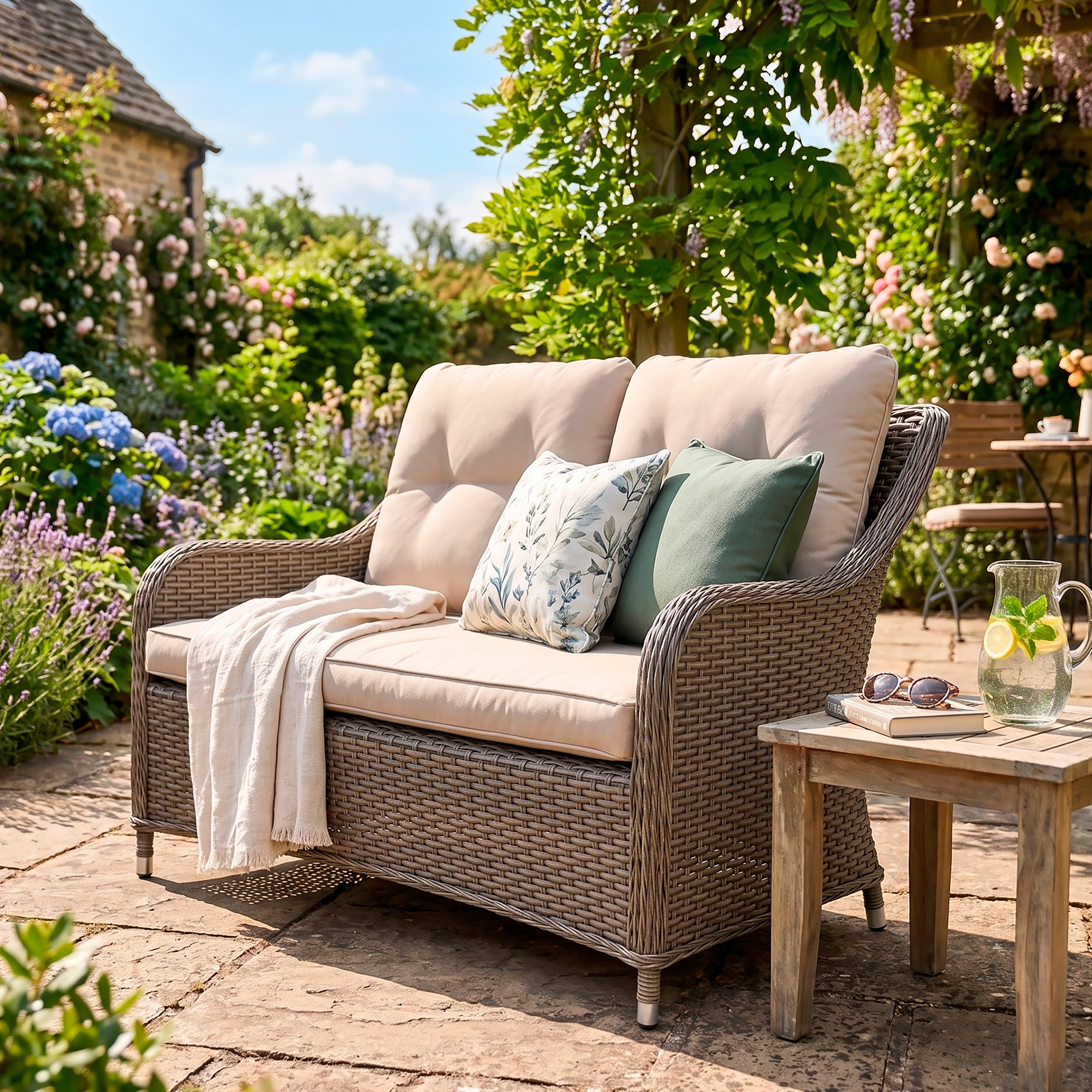 Chester Rattan Wicker Outdoor 2-Seater Sofa with Cushion, Brown - DG70