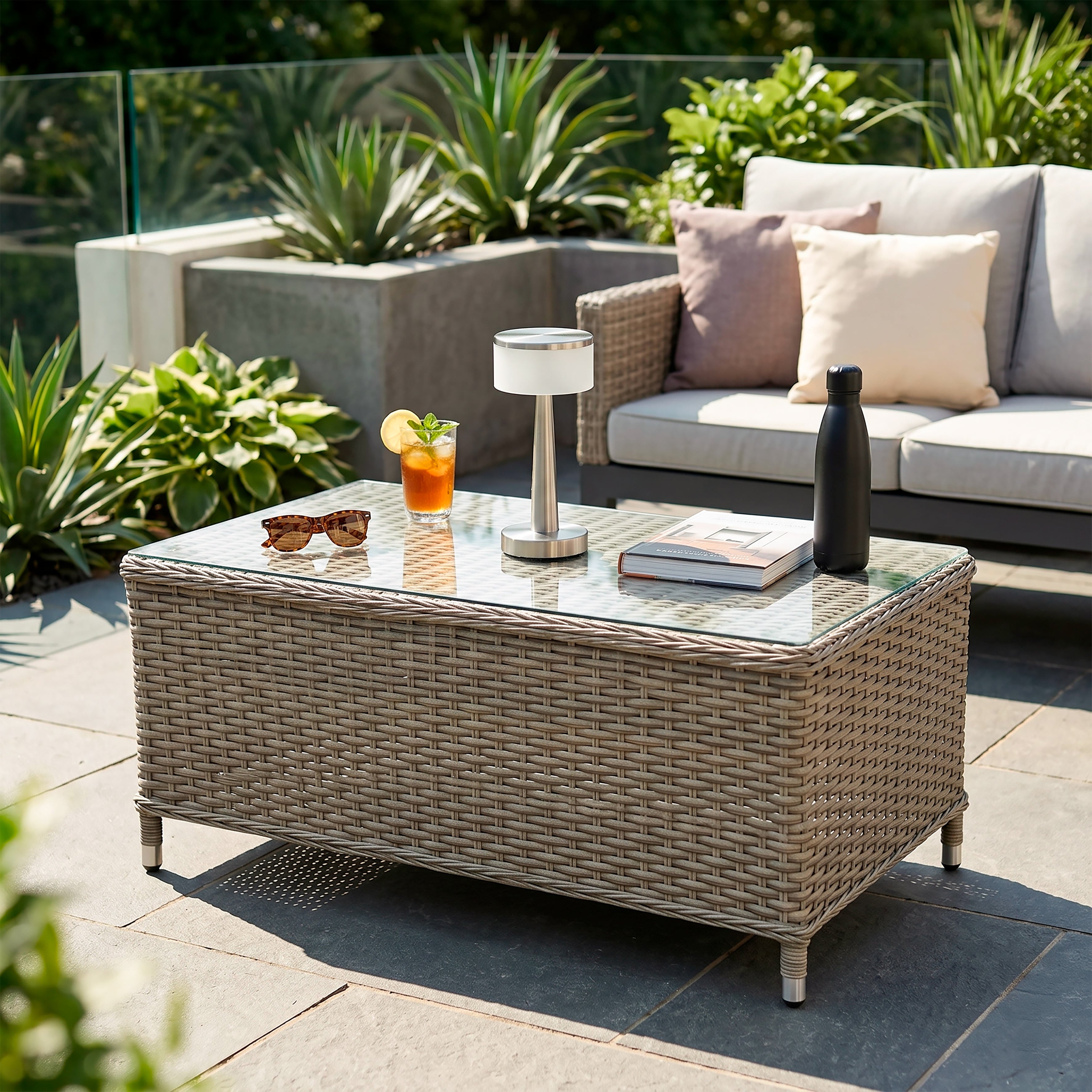 Chester Rattan Wicker Outdoor Coffee Table with Tempered Glass Top, Brown - DG71