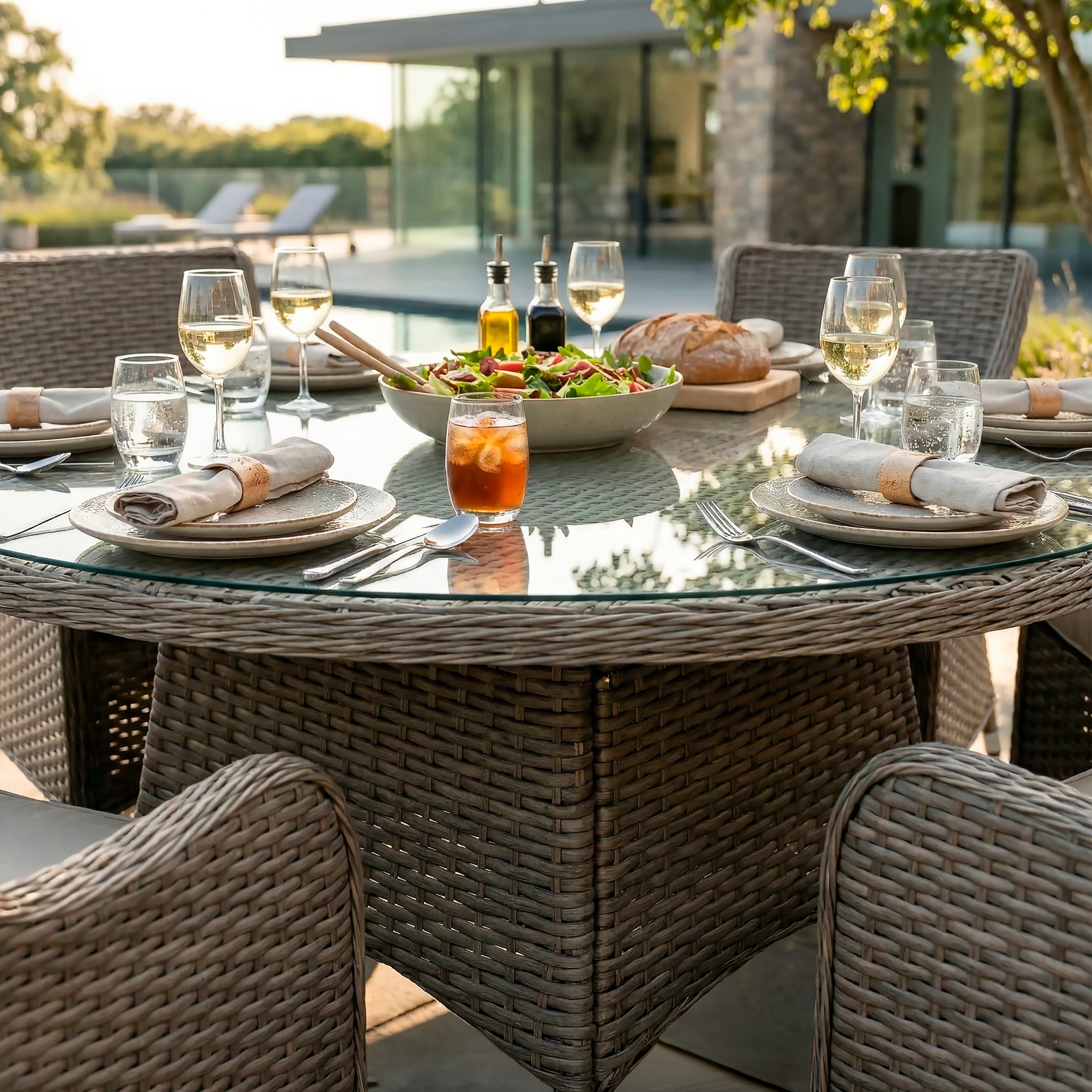 Chester 7 Piece Rattan Wicker Outdoor Dining Set with Tempered Glass Table Top, Brown - DG85