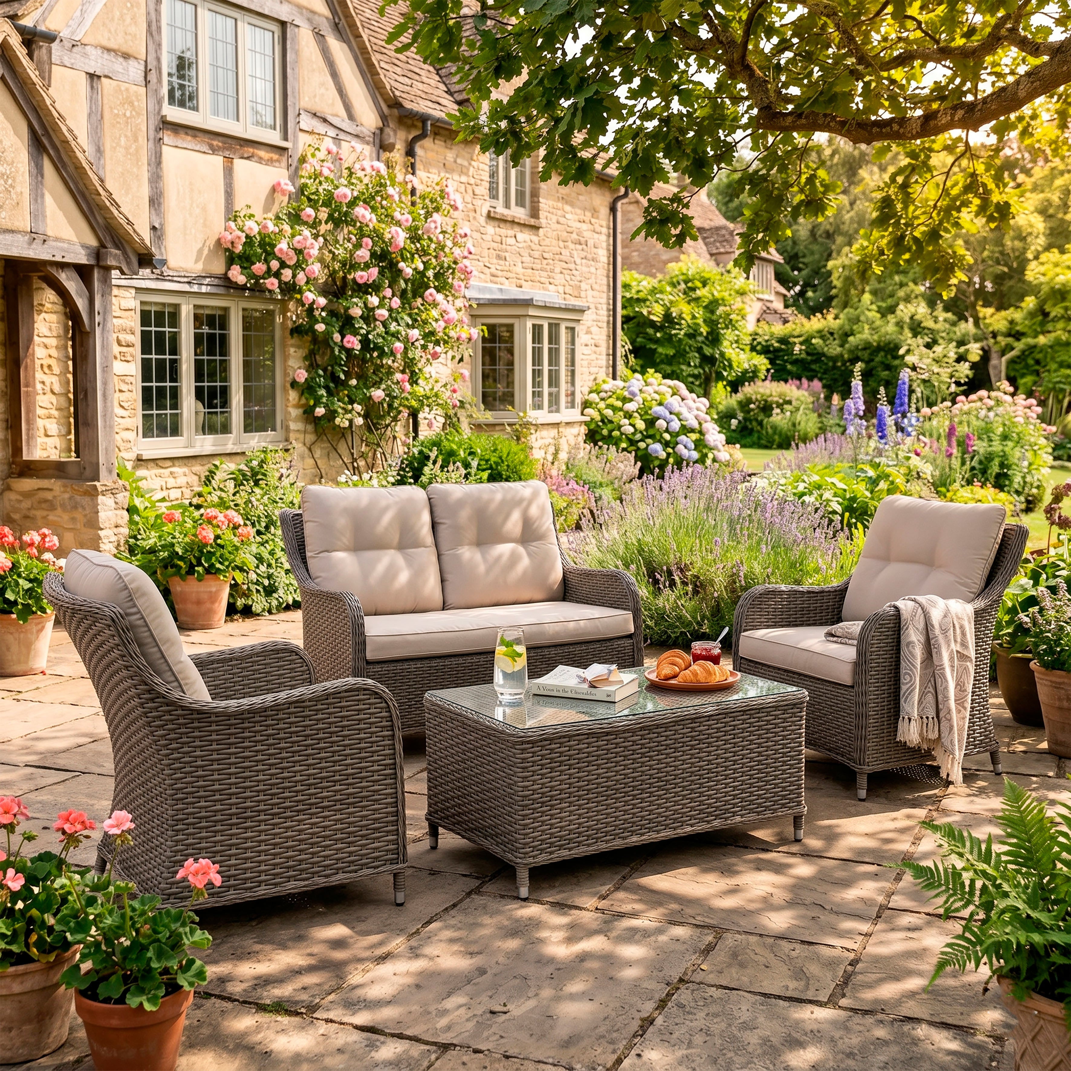 Chester 4 Piece Outdoor Rattan Lounge Set with Double Seater Sofa, Brown - DG87