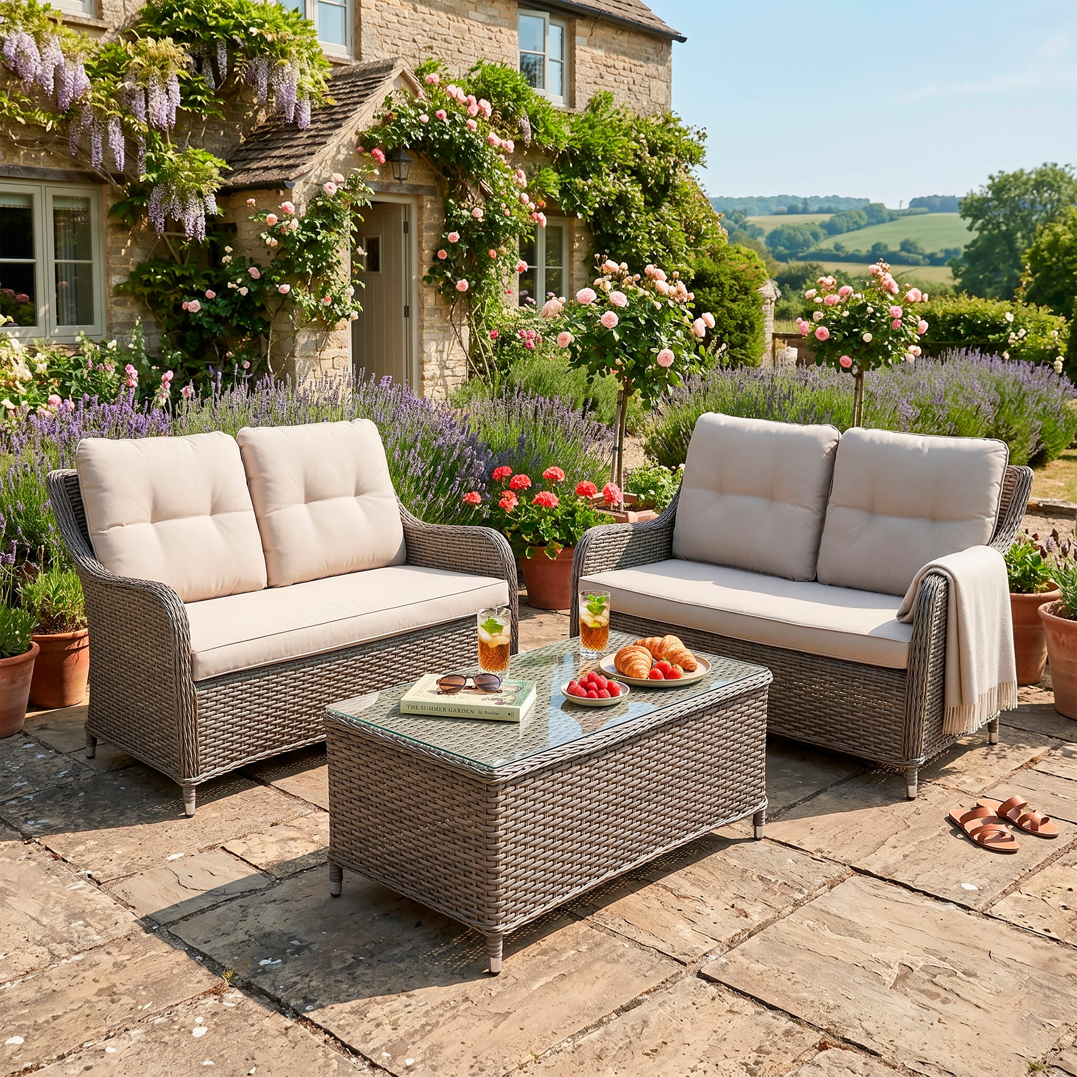 Chester 3 Piece Outdoor Rattan Lounge Set with 2 x Double Seater Sofas, Brown - DG88