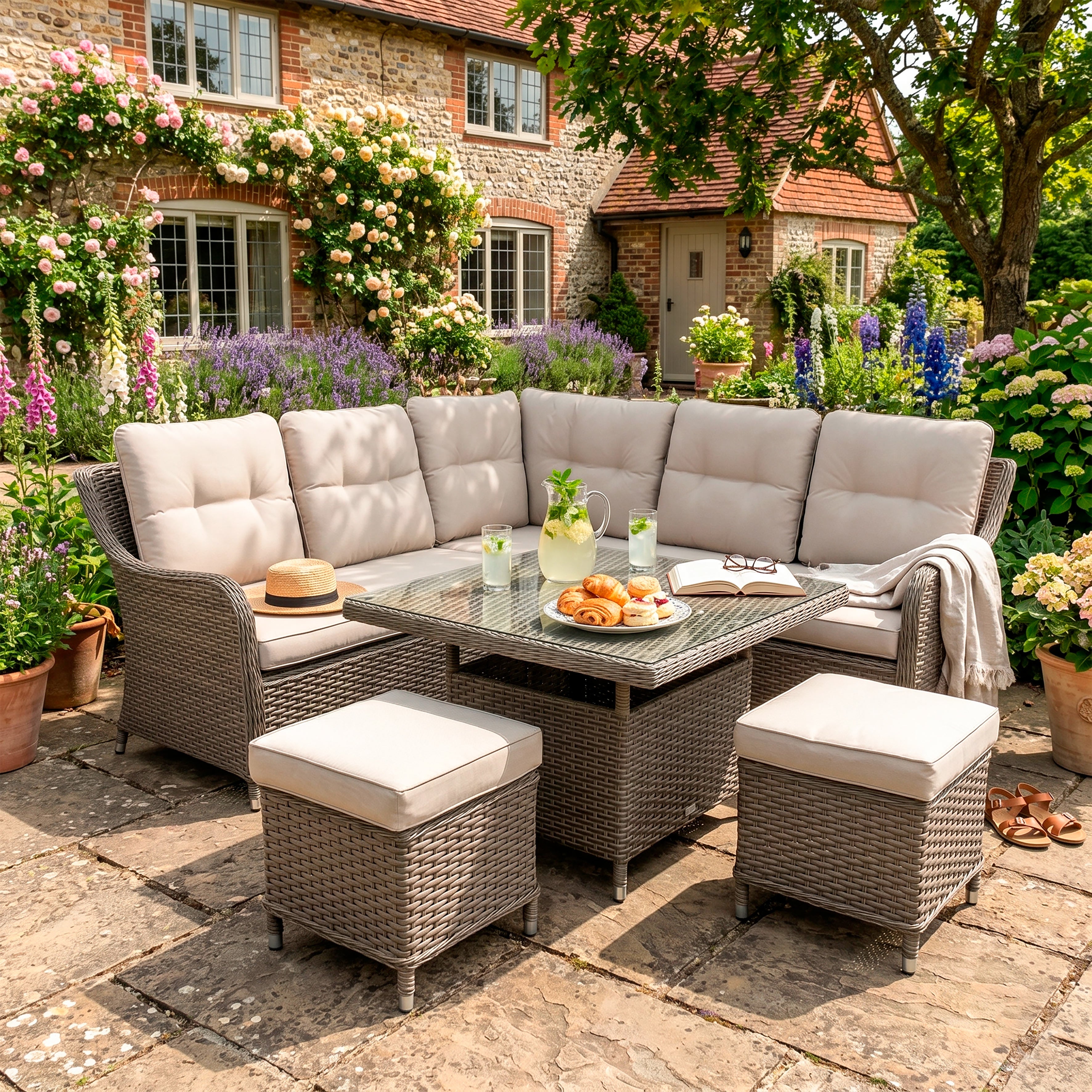 Chester Outdoor Rattan Wicker Corner Sofa & Adjustable Table Set, Brown - DG89