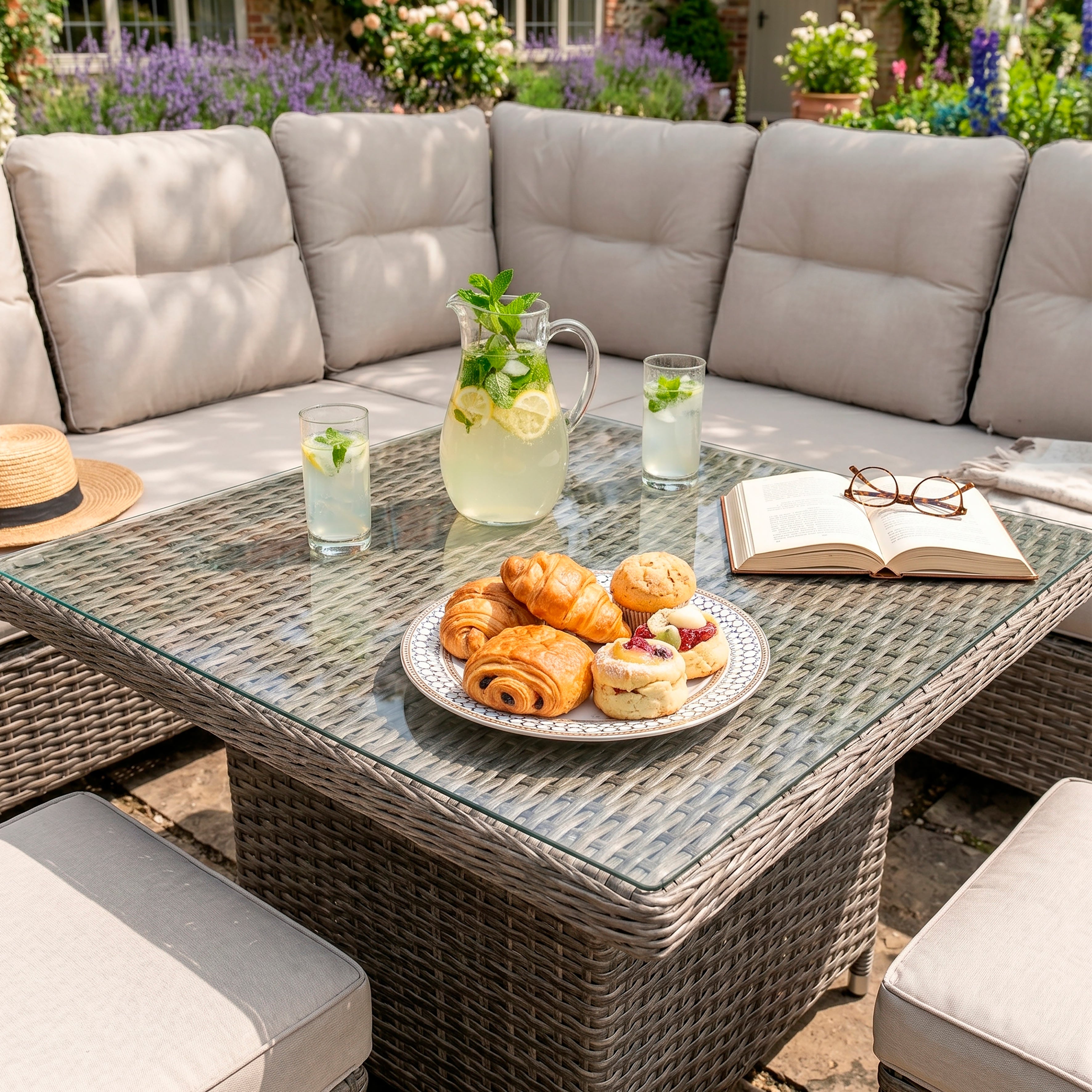 Chester Outdoor Rattan Wicker Corner Sofa & Adjustable Table Set, Brown - DG89