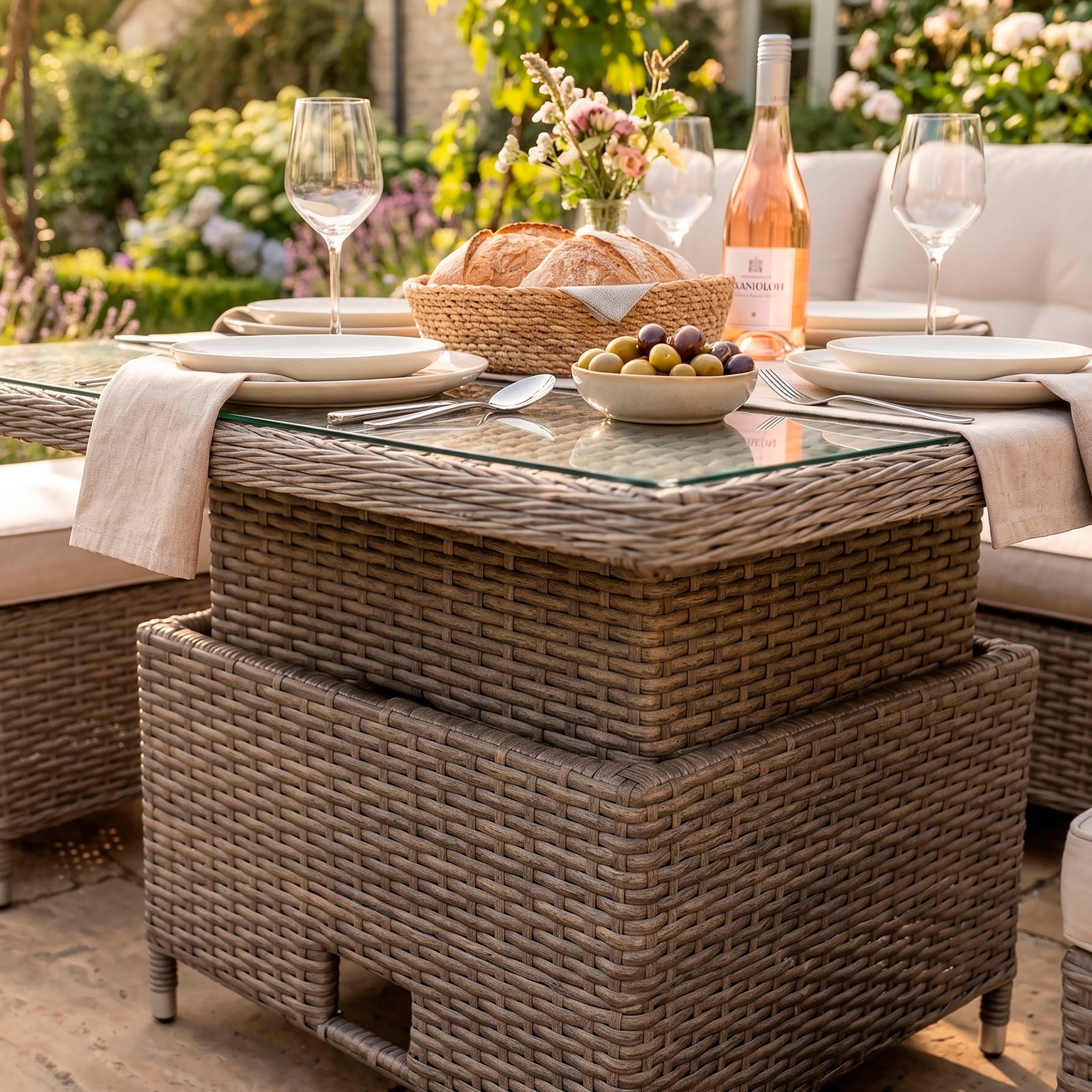 Chester Outdoor Rattan Wicker Corner Sofa & Adjustable Table Set, Brown - DG89