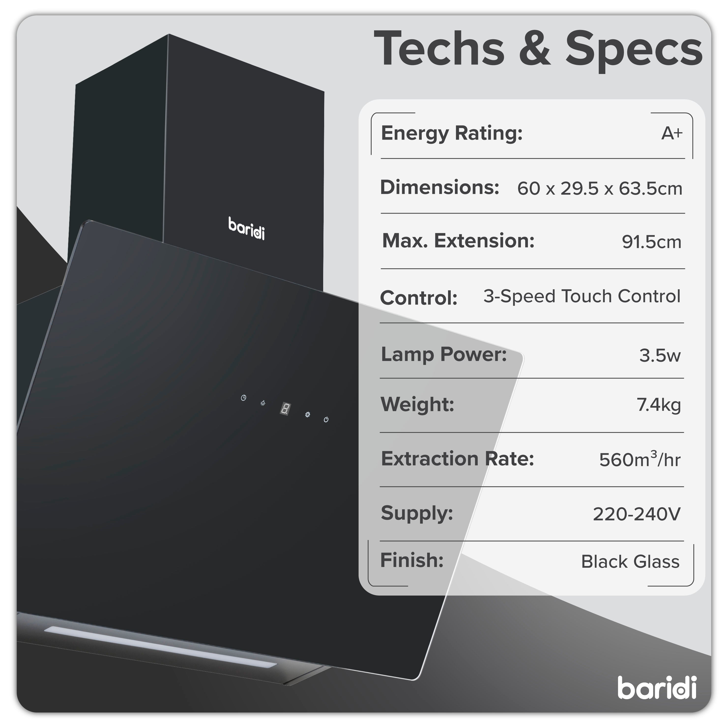 Baridi DH105 Extractor Hoods Action shot - tech - specs