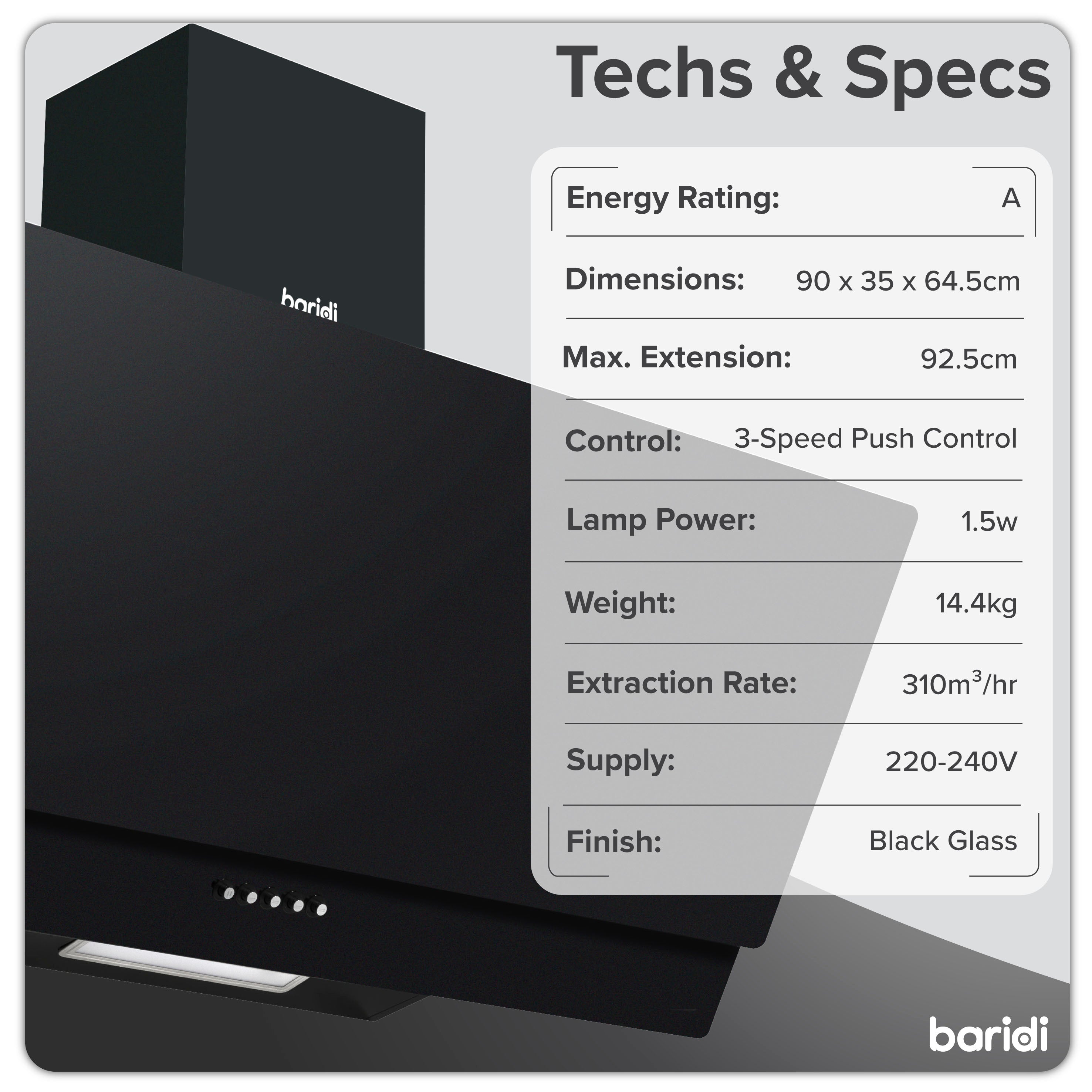 Baridi DH106 Extractor Hoods Action shot - tech - specs