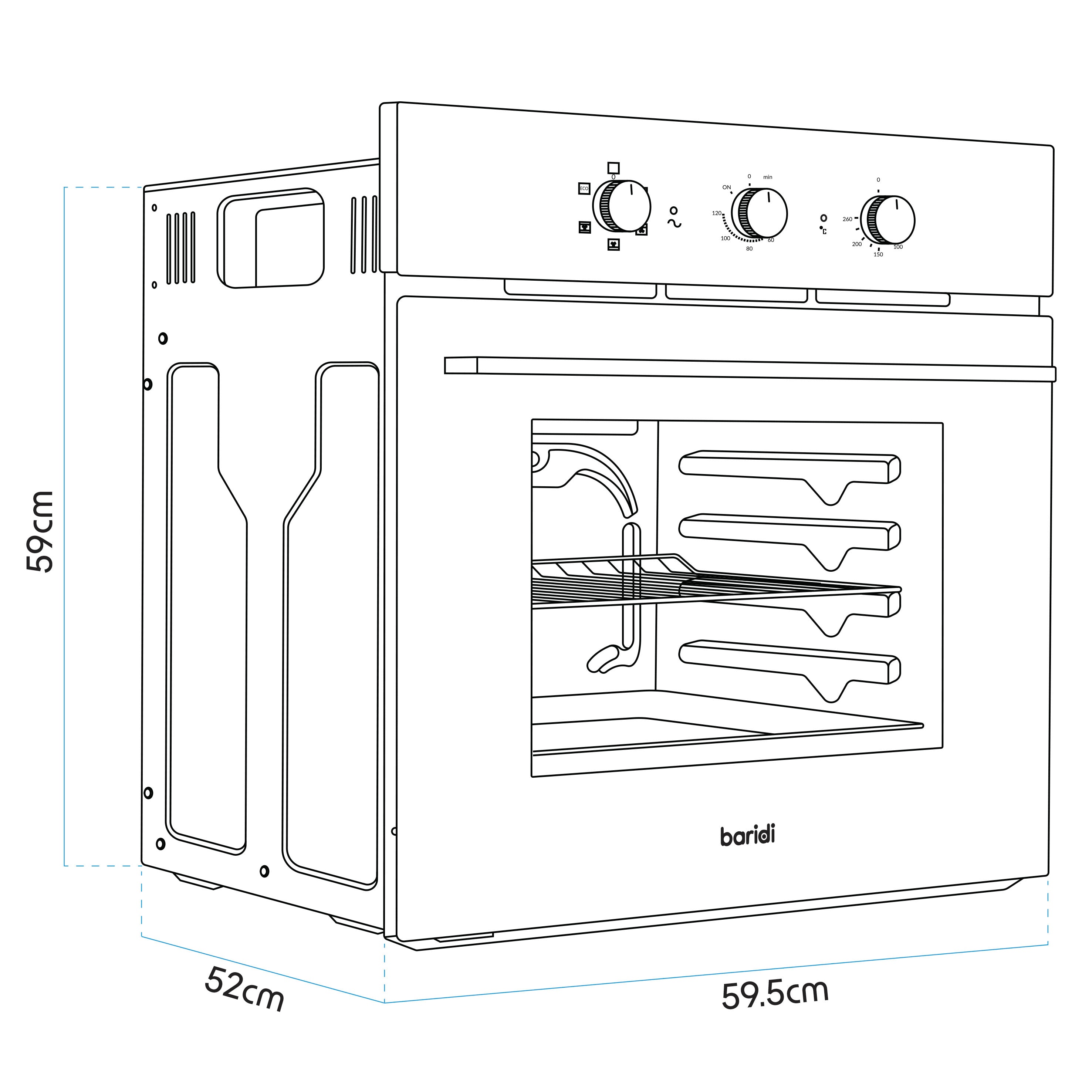 Baridi DH110 Fan Oven Action shot - dimension diagram