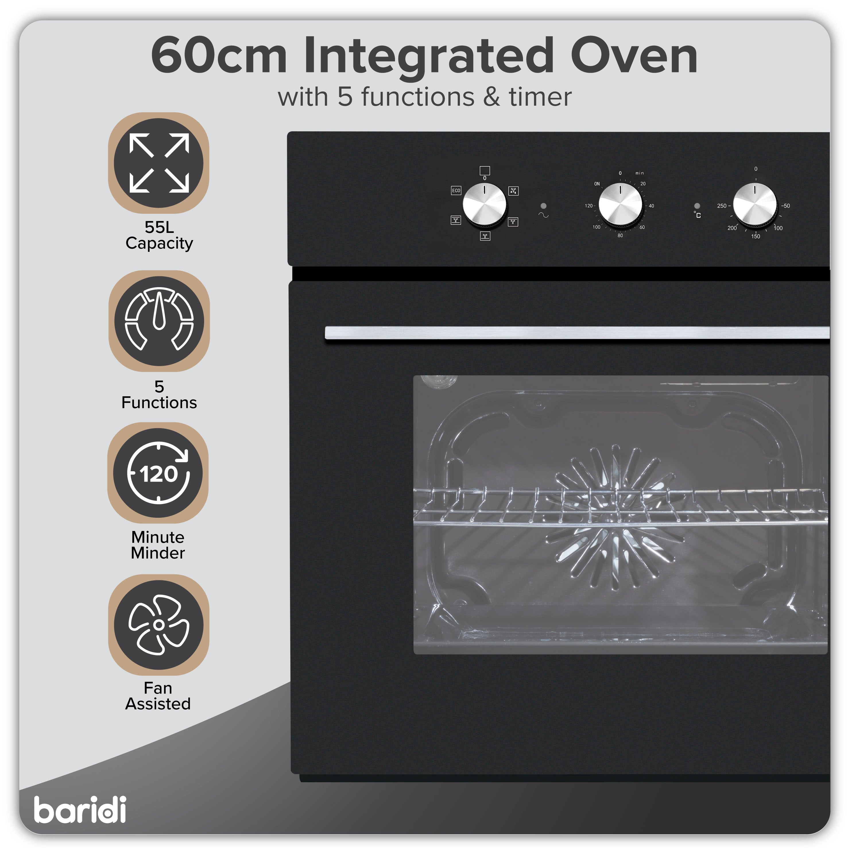 Baridi Kitchen Appliance Bundle 60cm, Integrated Fan-Assisted Oven with Timer & Black Glass Gas Hob – DH448