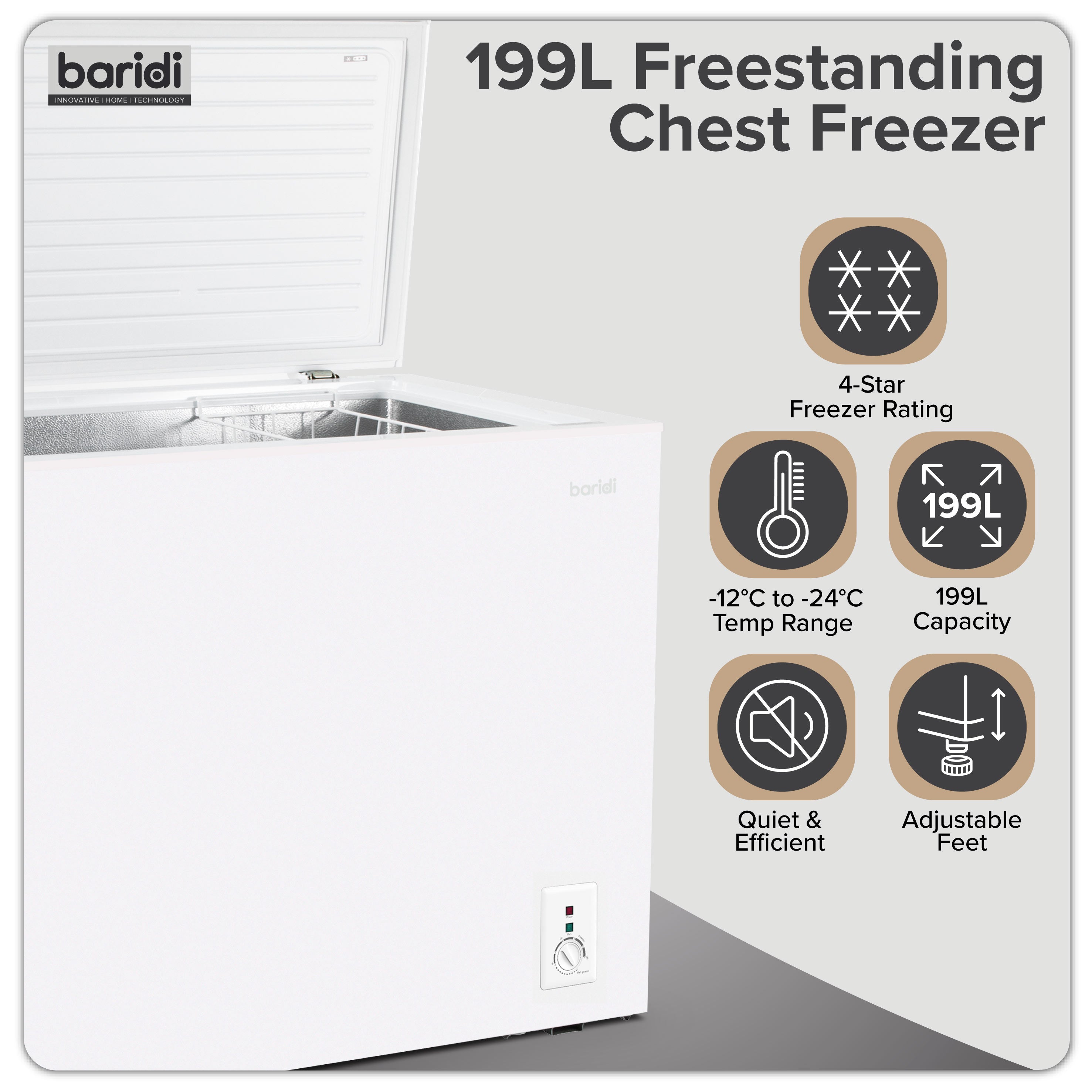 Baridi Freestanding Chest Freezer, 199L, Garage and Outbuilding Safe, Thermostat, White - DH111