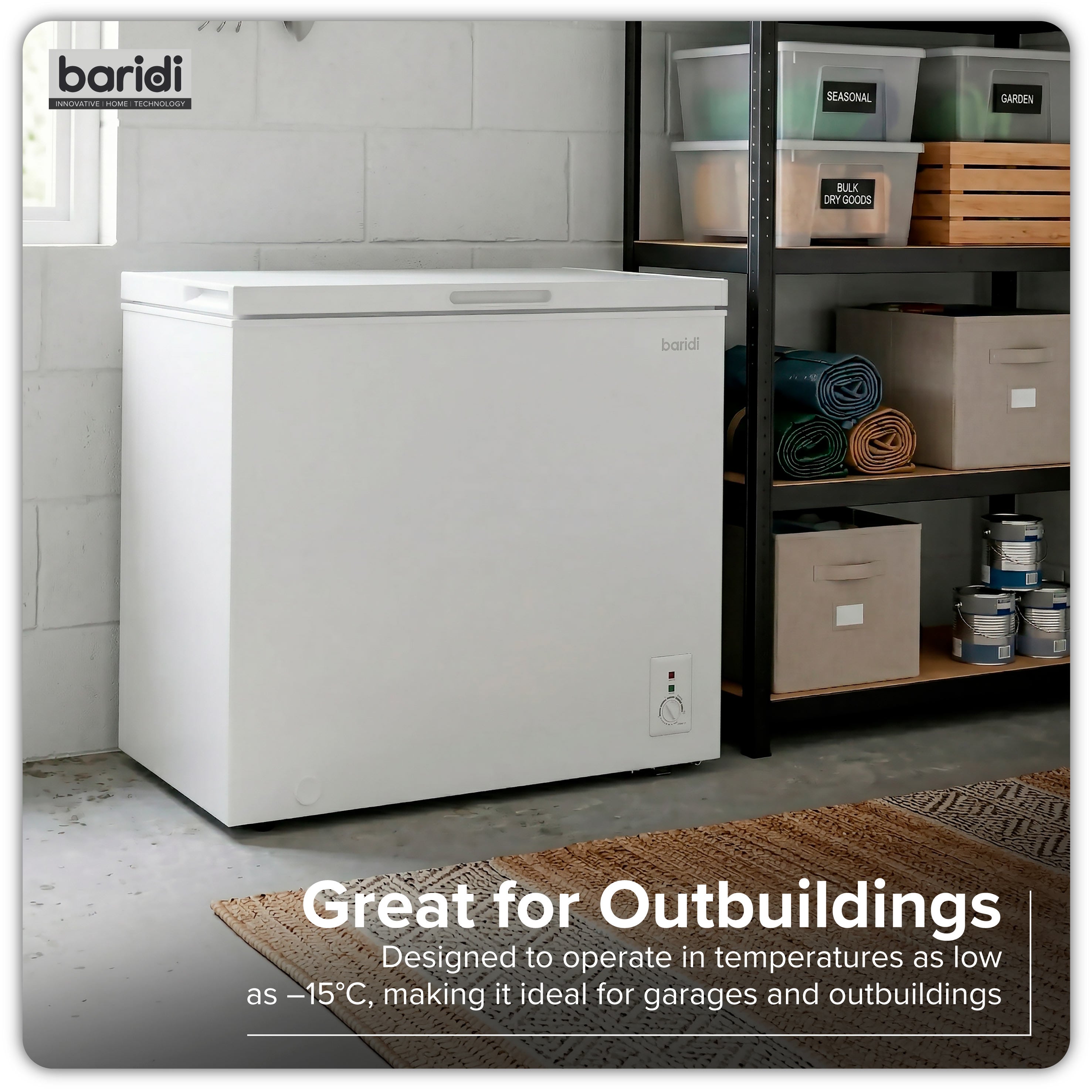 Baridi Freestanding Chest Freezer, 199L, Garage and Outbuilding Safe, Thermostat, White - DH111