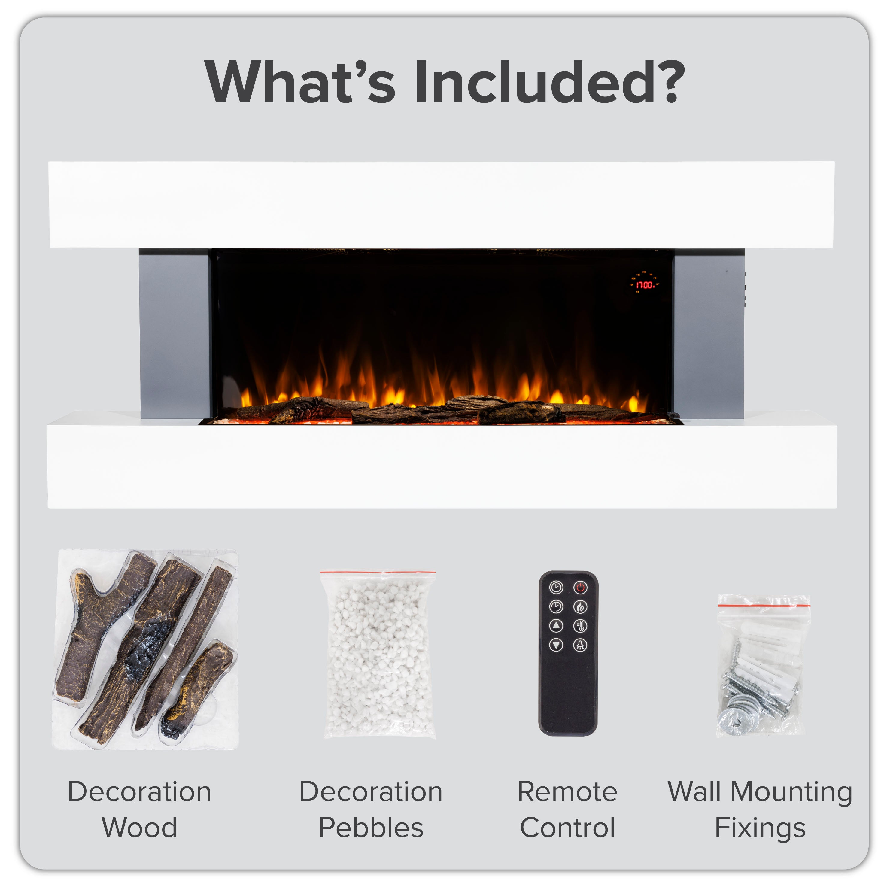 Baridi DH112 Electric Fireplace Action shot - infographic - whats in the - box-01