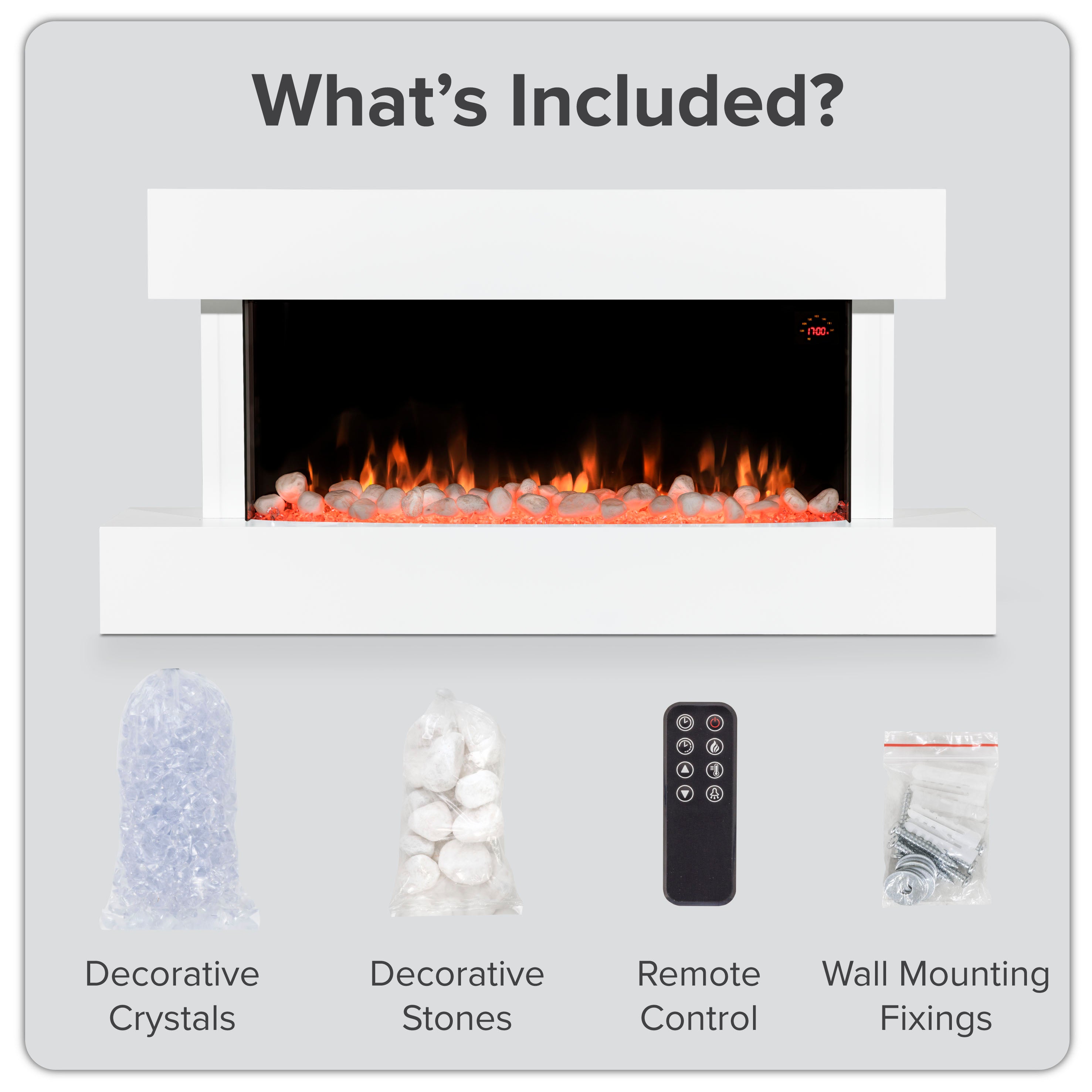 Baridi DH113 Electric Fireplace Action shot - infographic - whats in the - box-01