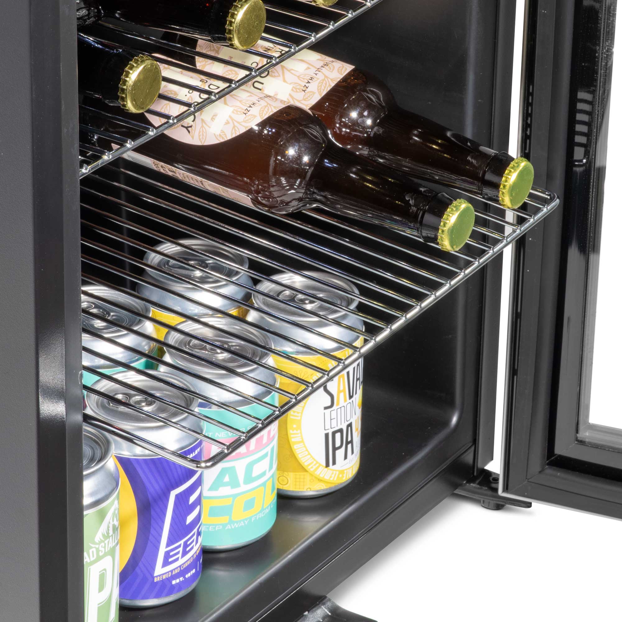 Baridi DH12 Drinks Fridge Action shot - wire - shelves