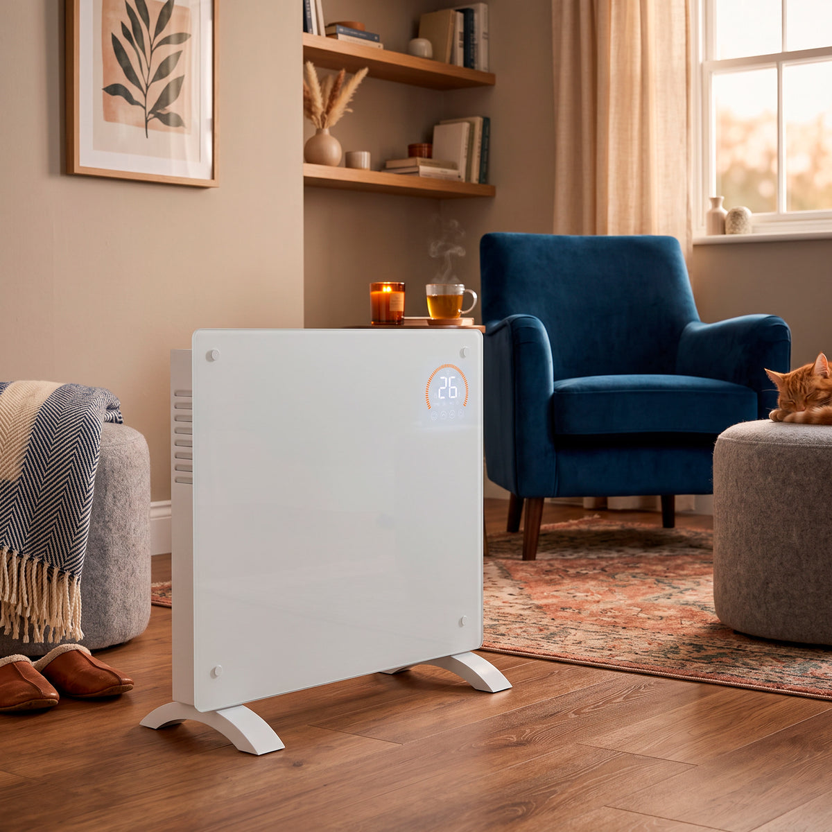 Baridi Electric Glass Panel Heater, 1000W, 24/7 Timer, Wi-Fi Enabled, Remote Control, White - DH136