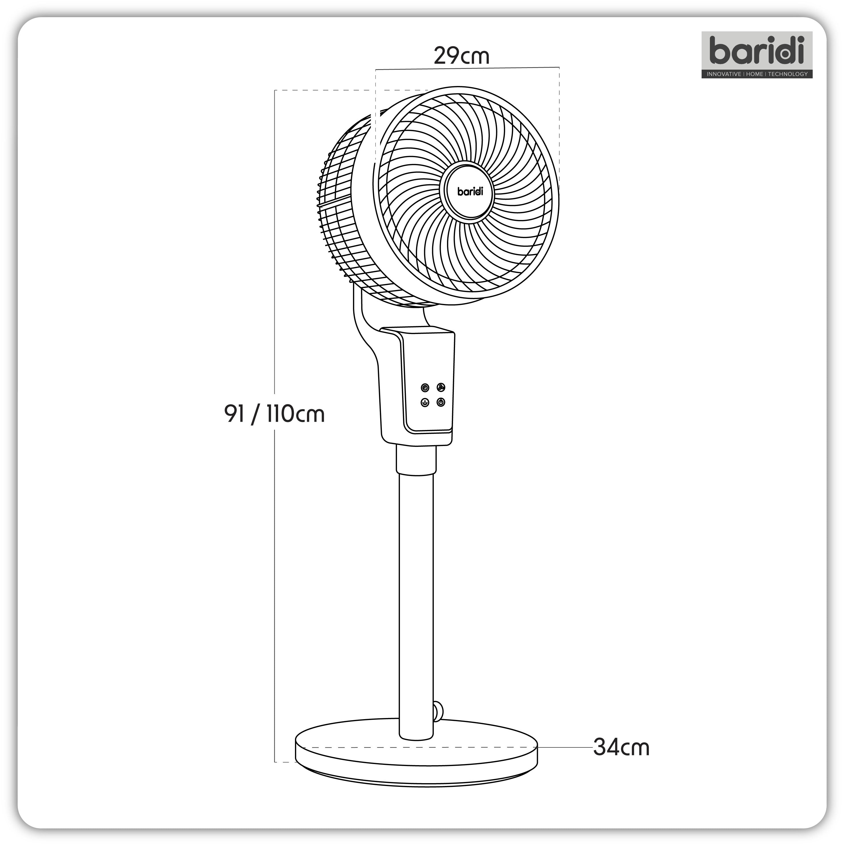 Baridi DH141 Fan Action shot - dimension diagram