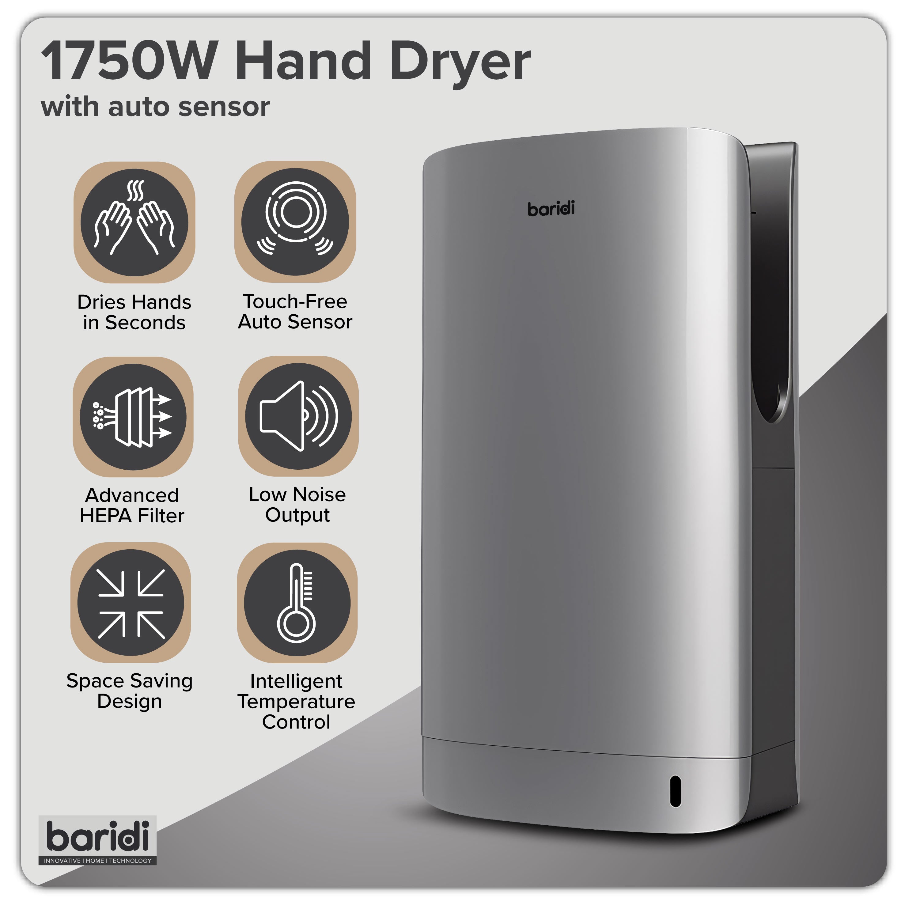 Baridi Hand Dryer with HEPA Filter & Auto-Sensor 1750W/230V, Silver - DH150