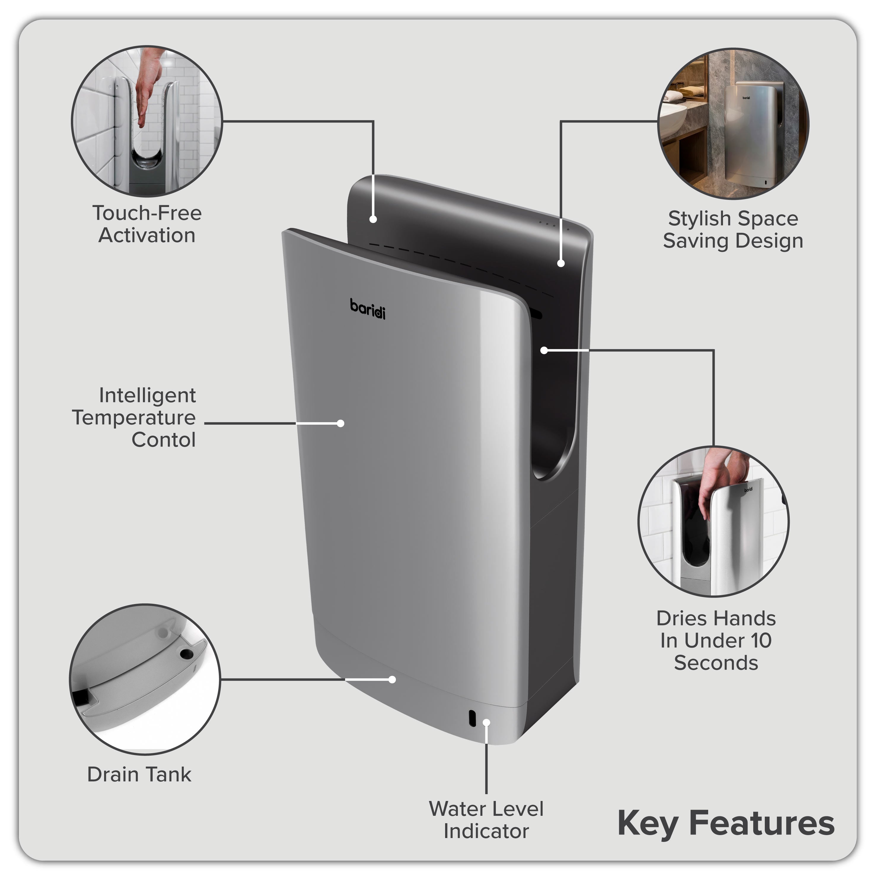Baridi Hand Dryer with HEPA Filter & Auto-Sensor 1750W/230V, Silver - DH150