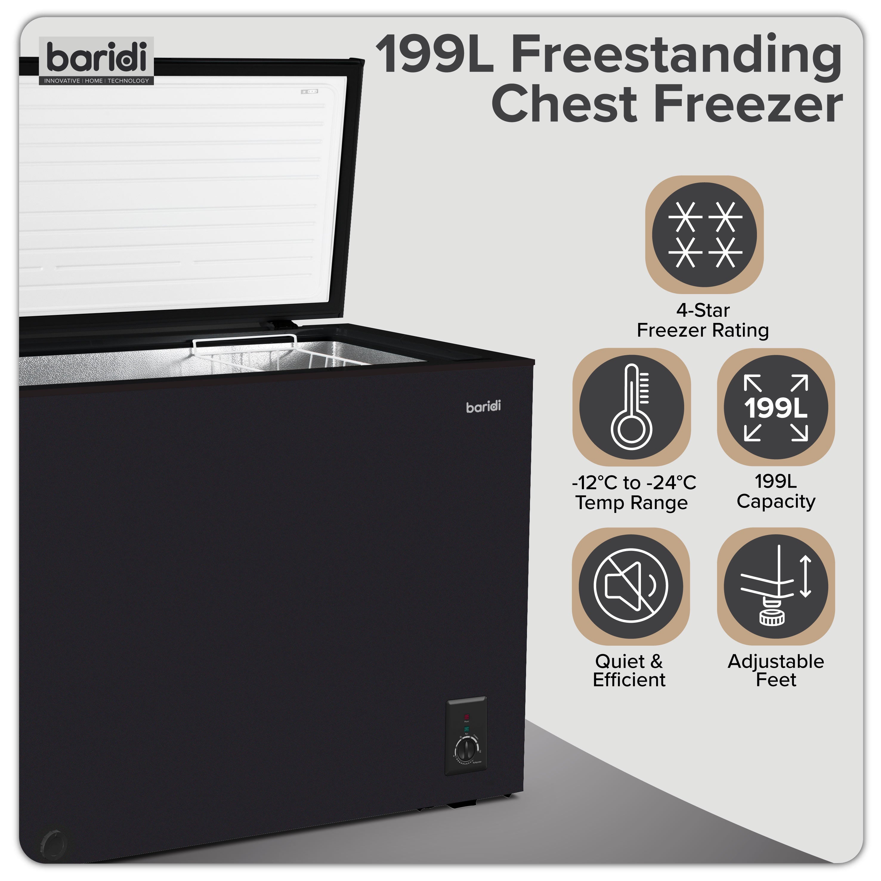 Baridi Freestanding Chest Freezer, 199L, Garage and Outbuilding Safe, Thermostat, Black - DH151