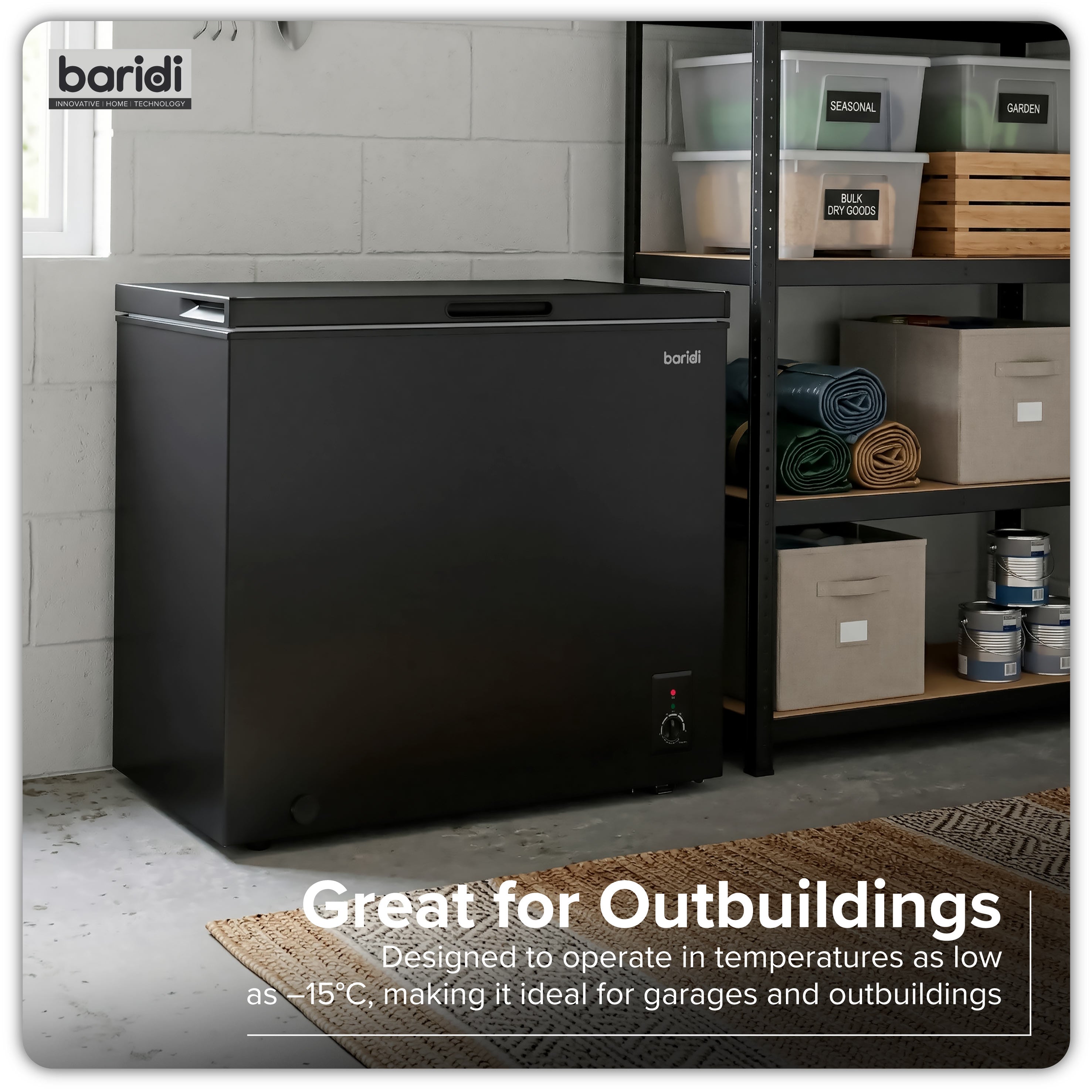 Baridi Freestanding Chest Freezer, 199L, Garage and Outbuilding Safe, Thermostat, Black - DH151