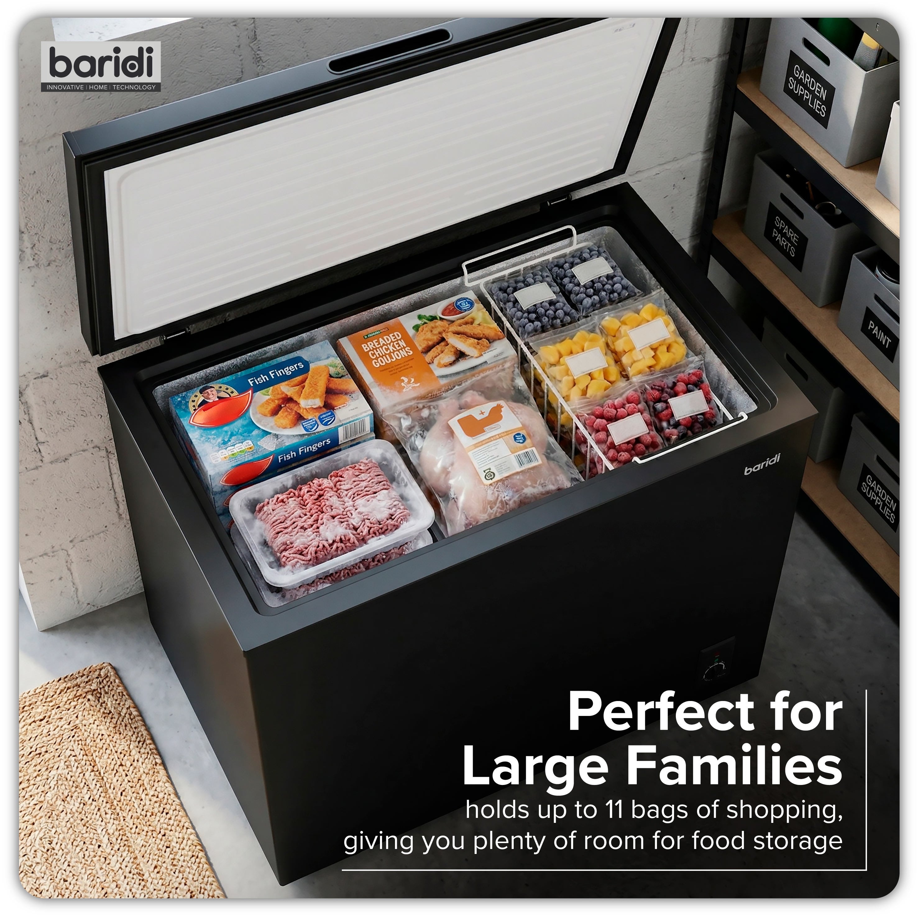 Baridi Freestanding Chest Freezer, 199L, Garage and Outbuilding Safe, Thermostat, Black - DH151