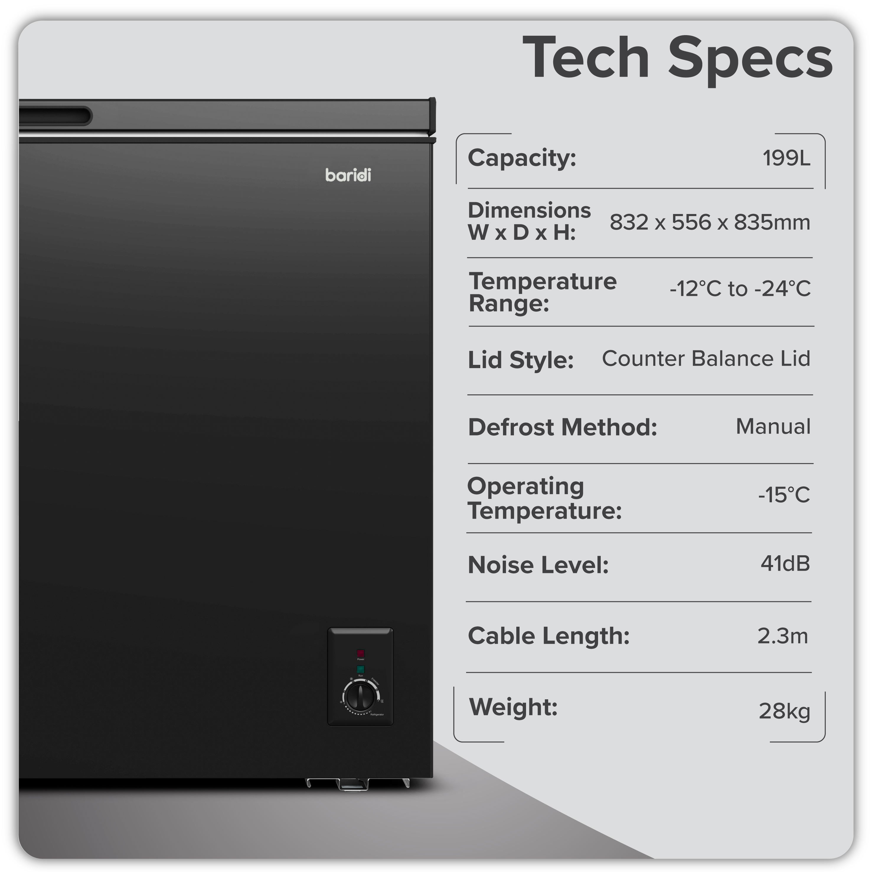 Baridi Freestanding Chest Freezer, 199L, Garage and Outbuilding Safe, Thermostat, Black - DH151