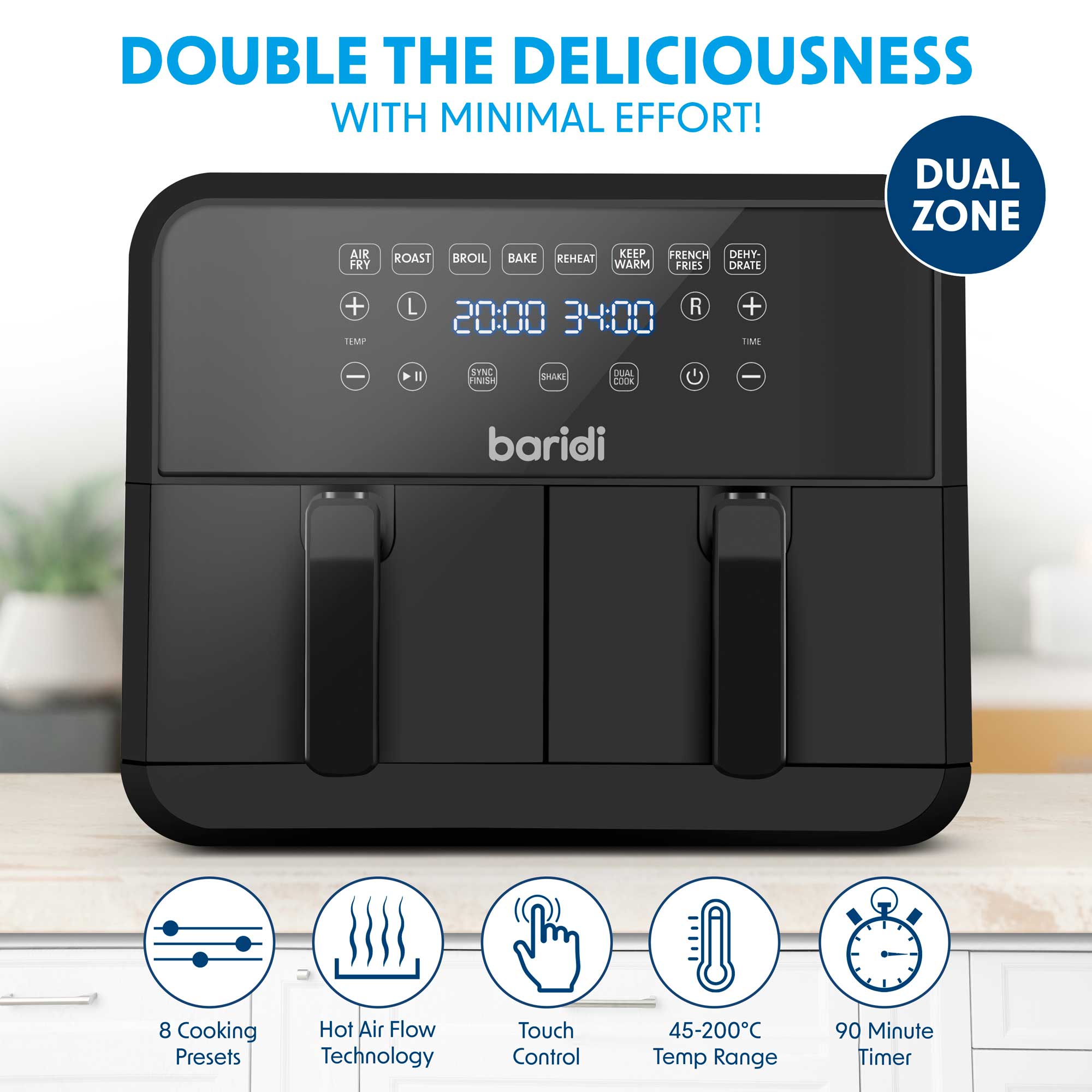 Baridi DH172 Air Fryer Action shot - infographics - 1 - icons