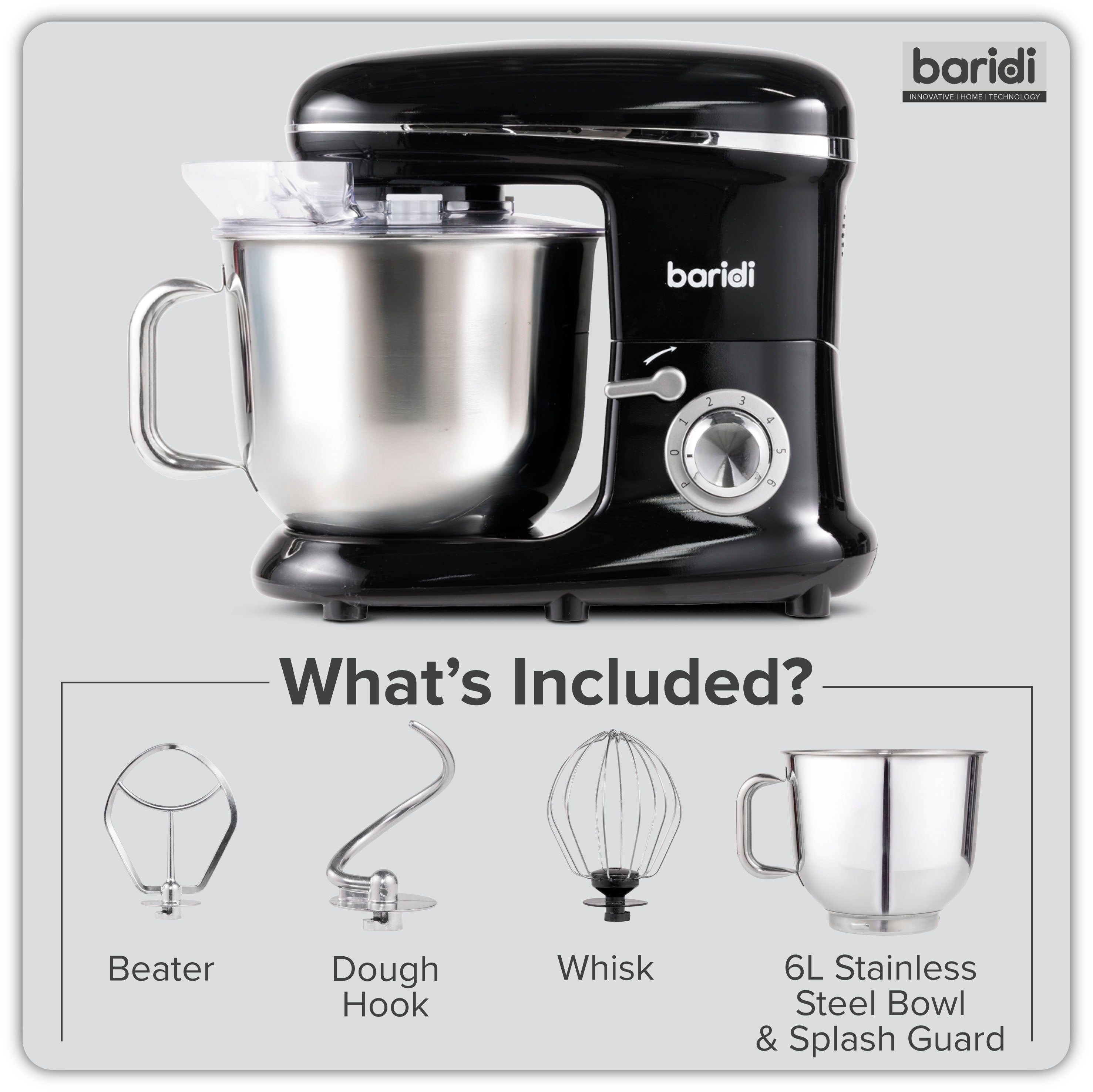 Baridi DH173 Stand Mixer Action shot - whats included